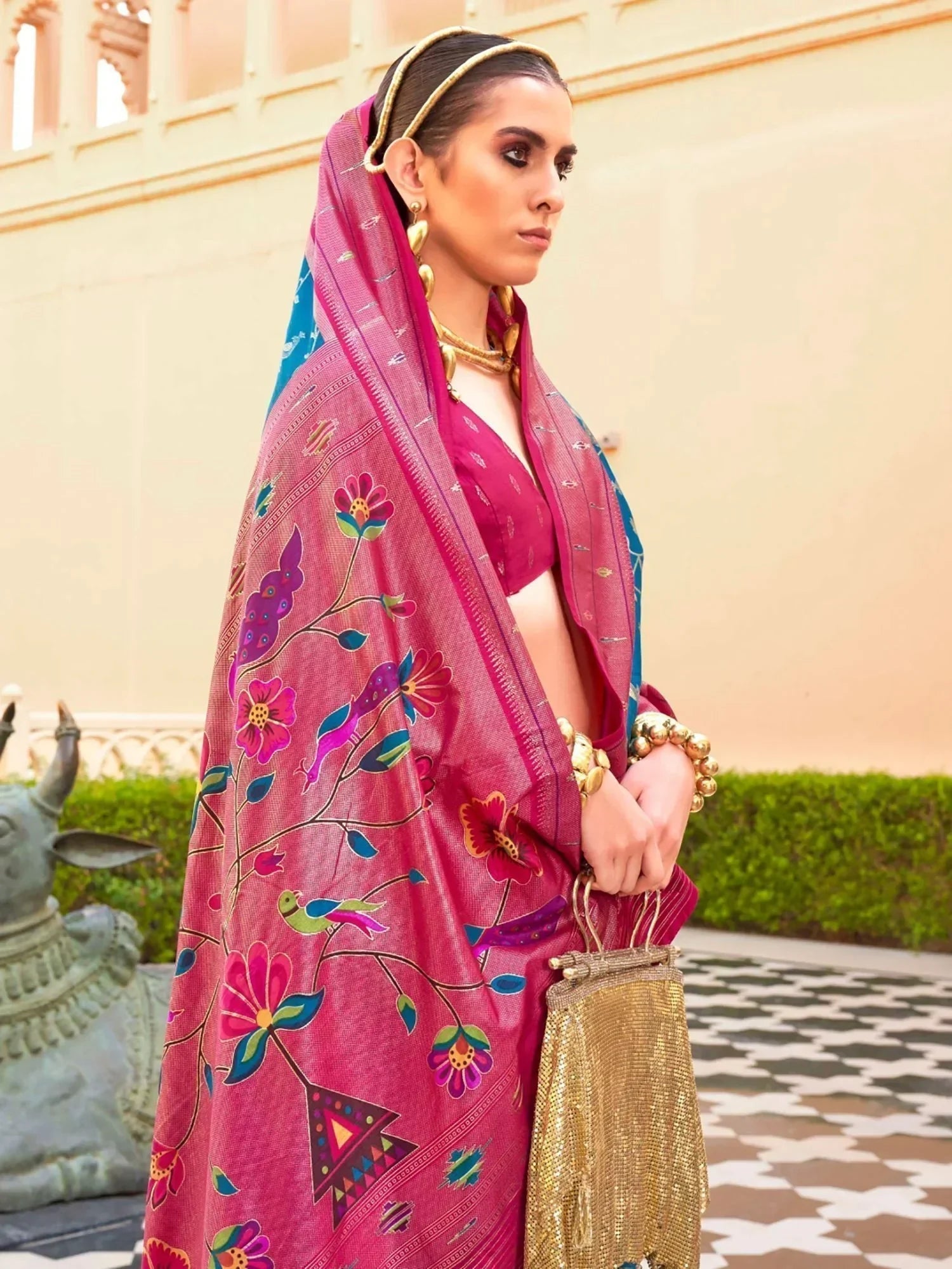 Awesome Blue Foil Printed Silk Festival Wear Saree With Blouse