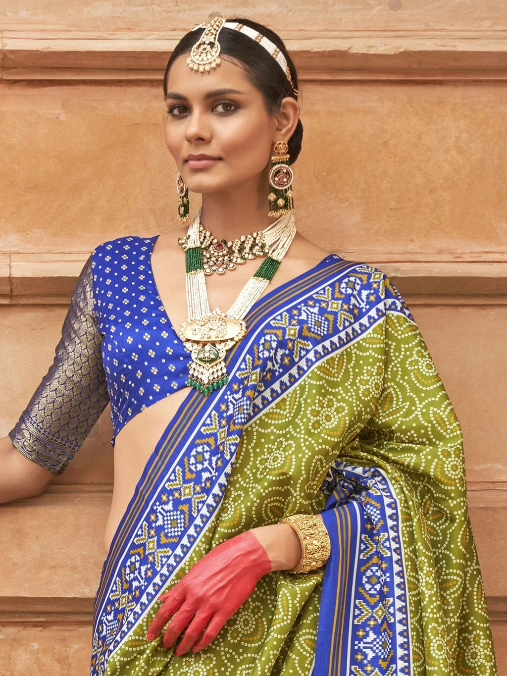 Attractive Olive Green Patola Printed Silk Traditional Saree With Blouse