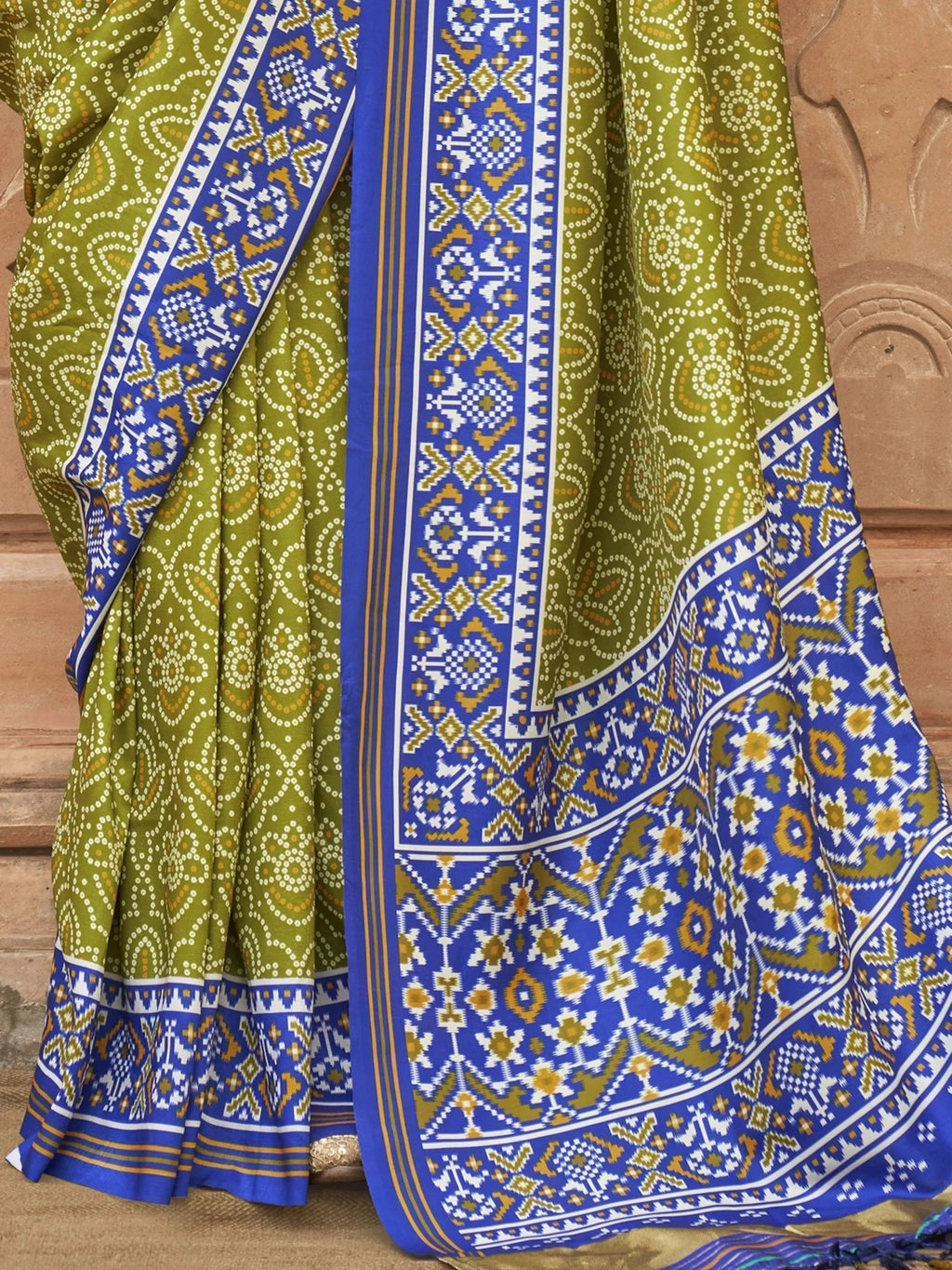Attractive Olive Green Patola Printed Silk Traditional Saree With Blouse