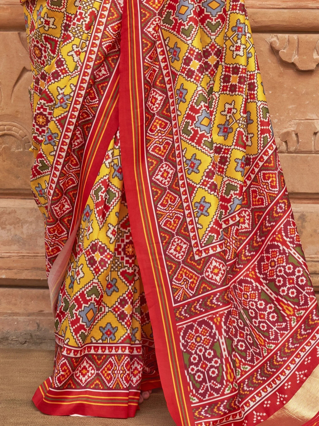 Attractive Mustard Yellow Patola Printed Silk Saree With Blouse