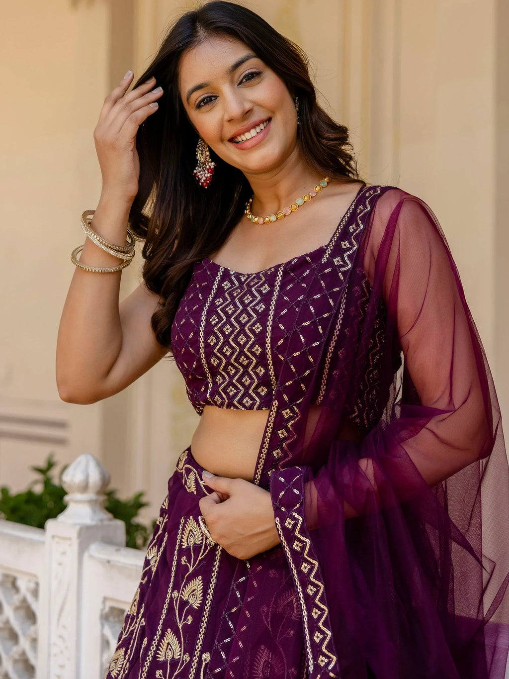 Sophisticated Wine Georgette Sequins Party Wear Lehenga Choli