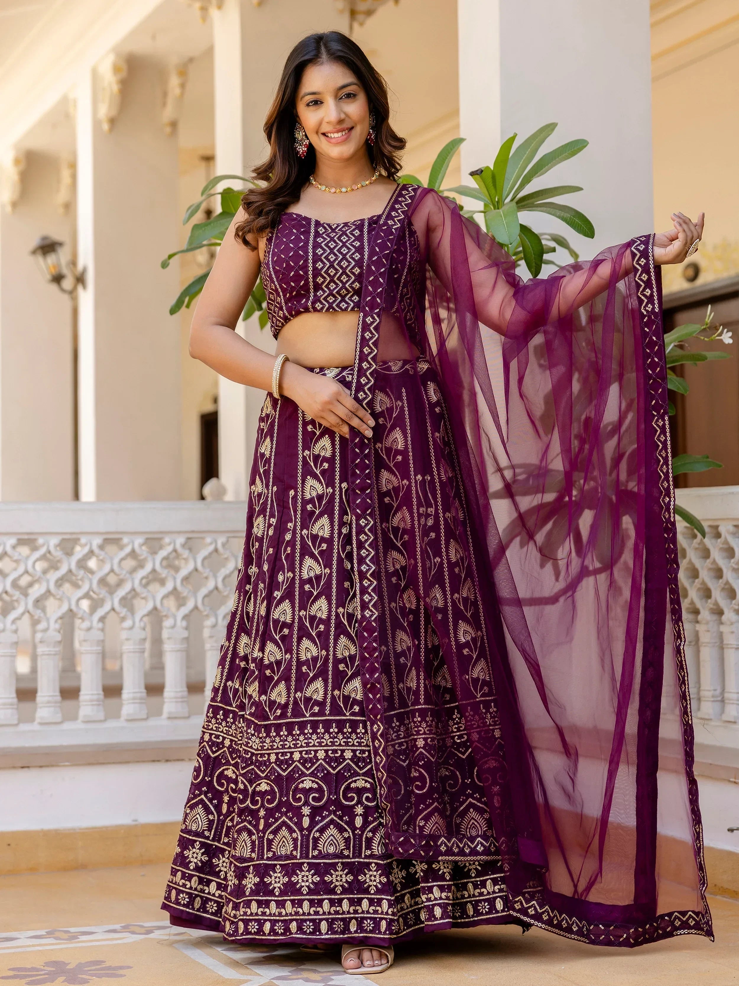 Sophisticated Wine Georgette Sequins Party Wear Lehenga Choli