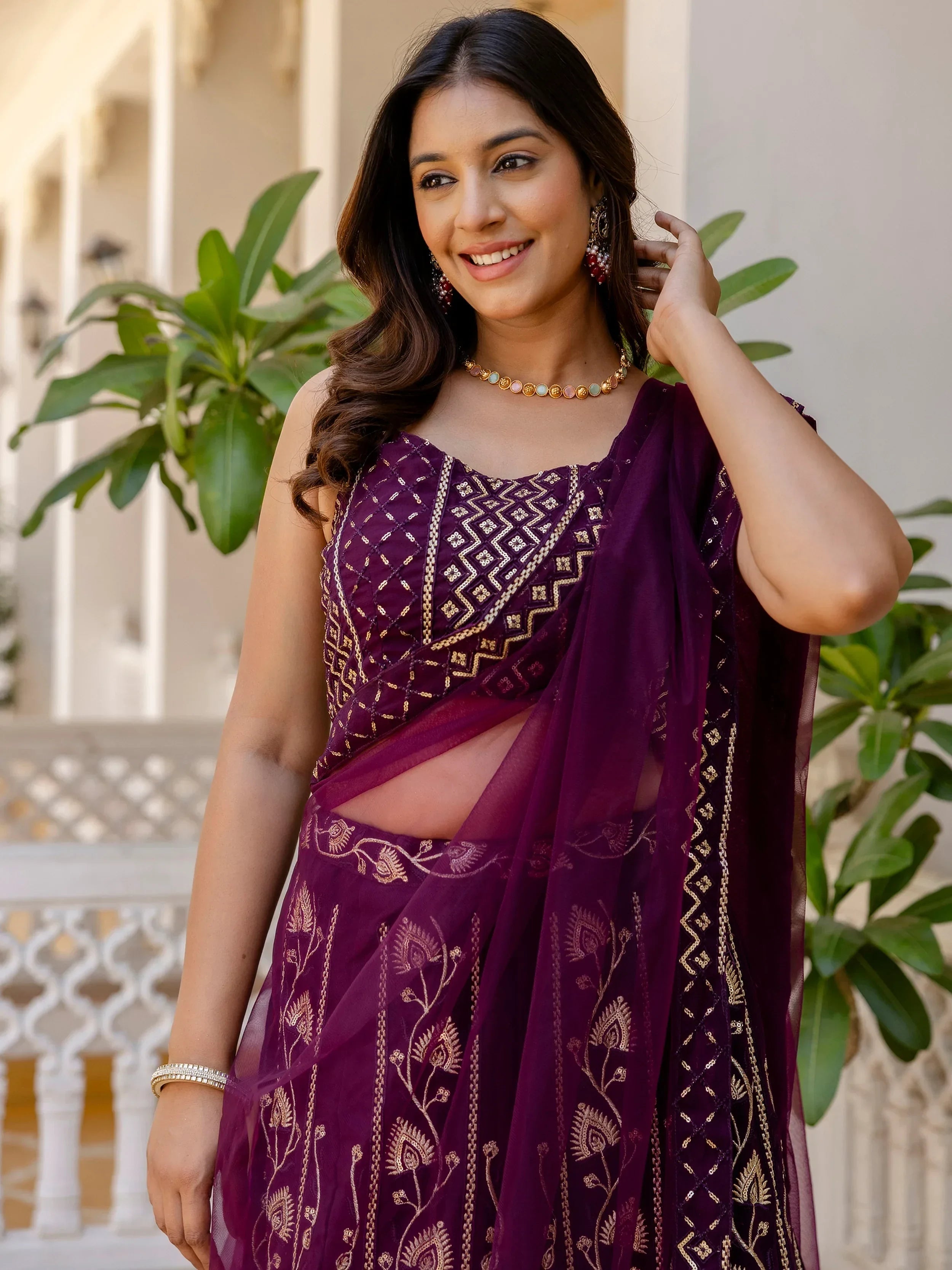 Sophisticated Wine Georgette Sequins Party Wear Lehenga Choli