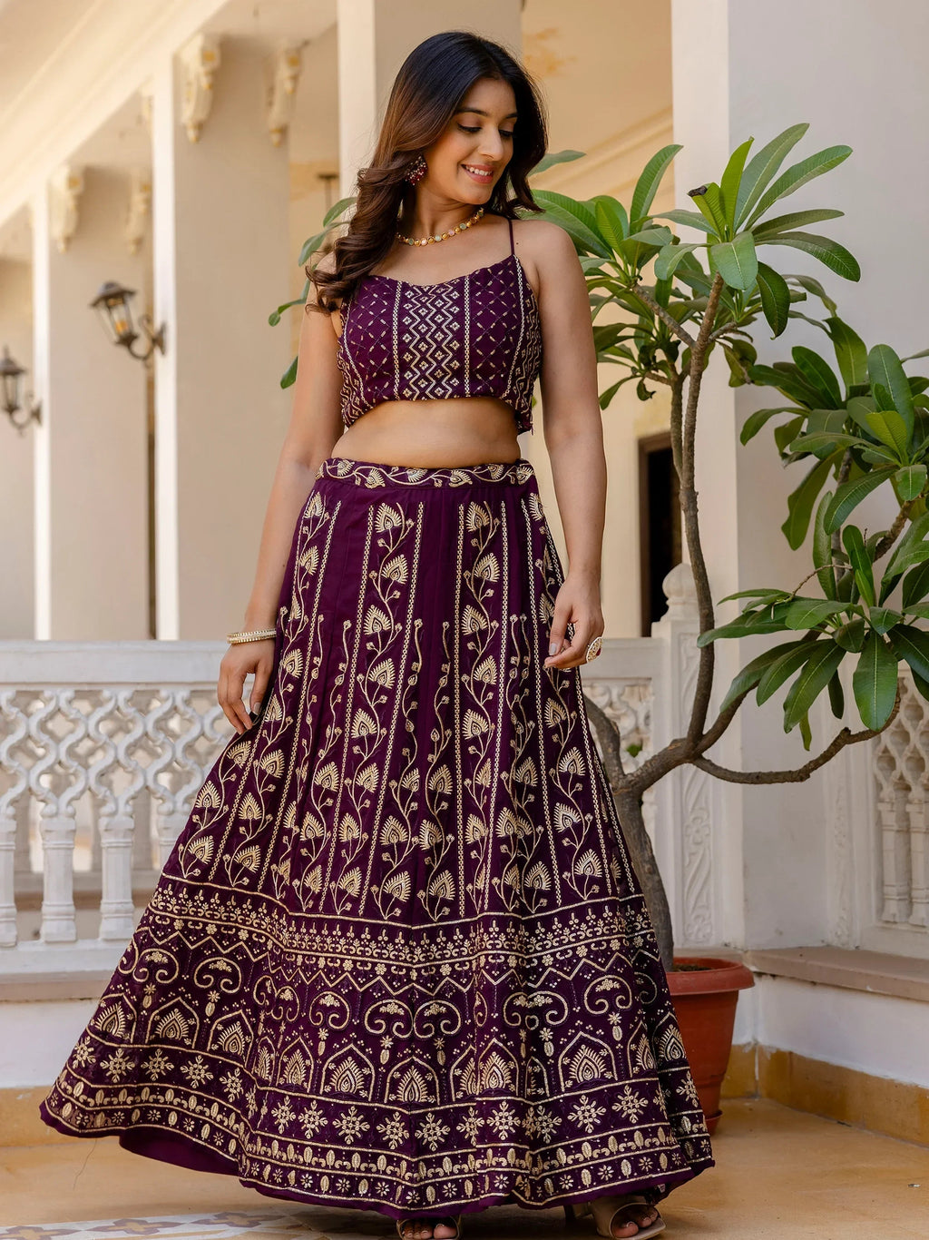 Sophisticated Wine Georgette Sequins Party Wear Lehenga Choli