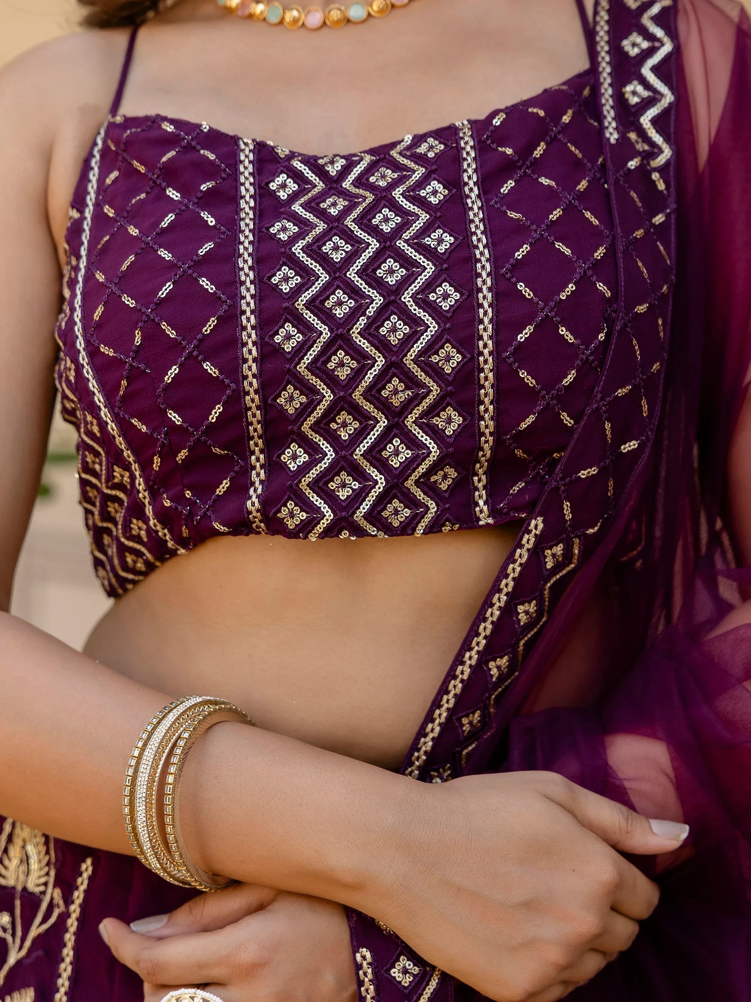 Sophisticated Wine Georgette Sequins Party Wear Lehenga Choli
