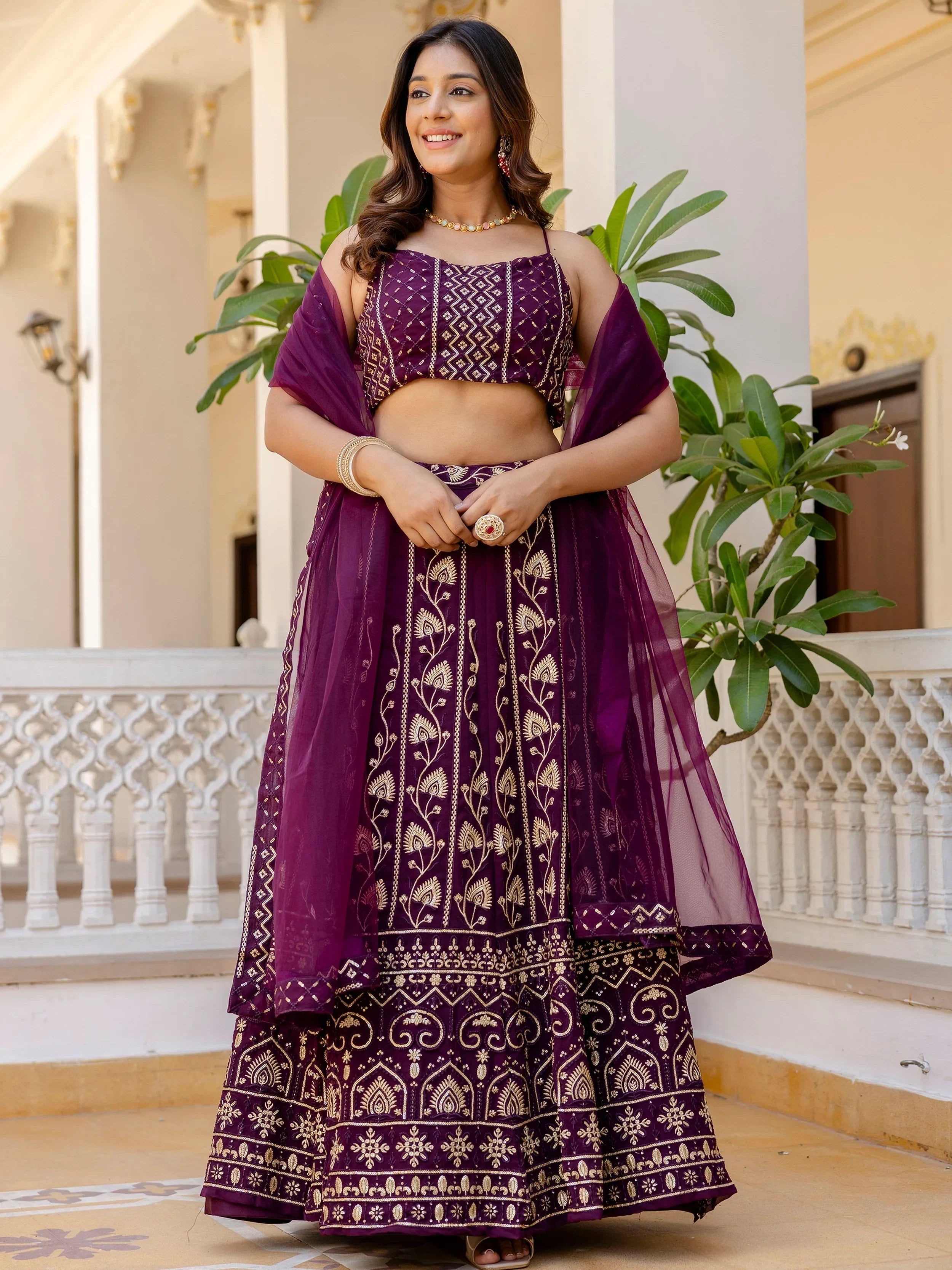 Sophisticated Wine Georgette Sequins Party Wear Lehenga Choli