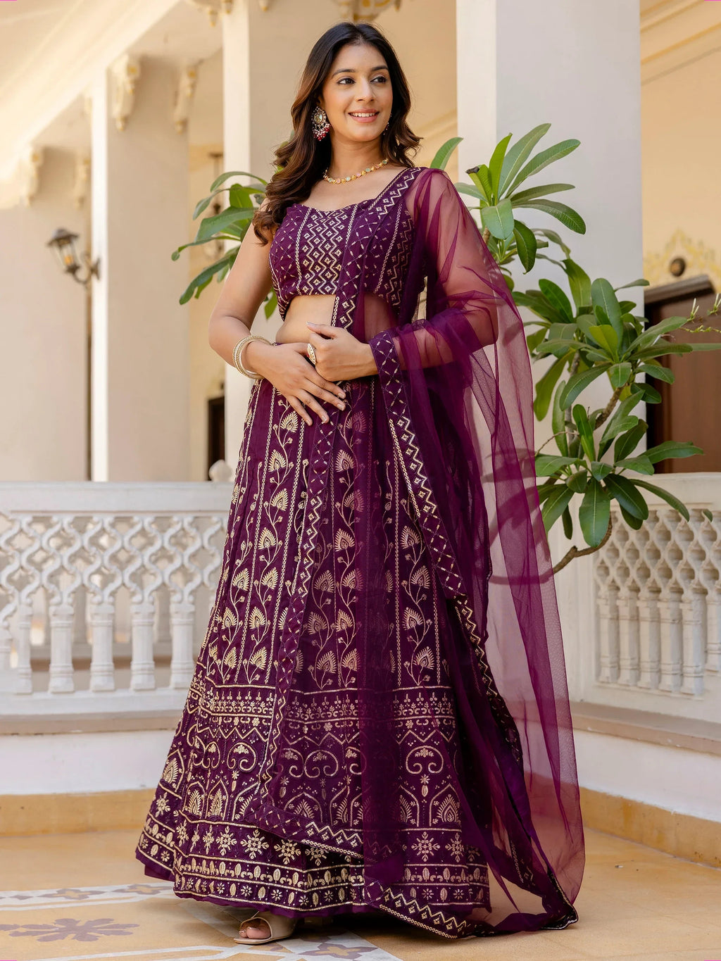 Sophisticated Wine Georgette Sequins Party Wear Lehenga Choli