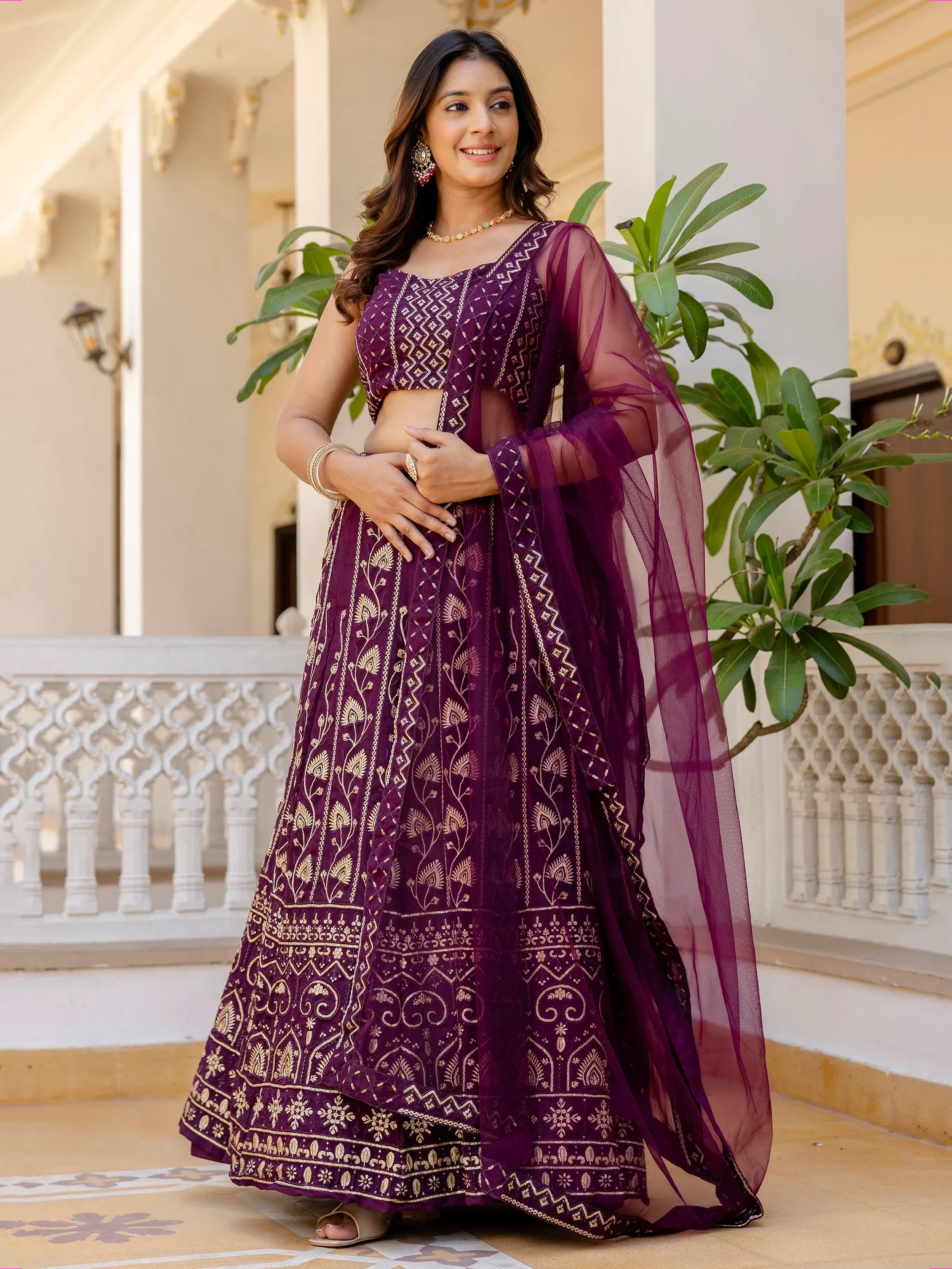 Sophisticated Wine Georgette Sequins Party Wear Lehenga Choli