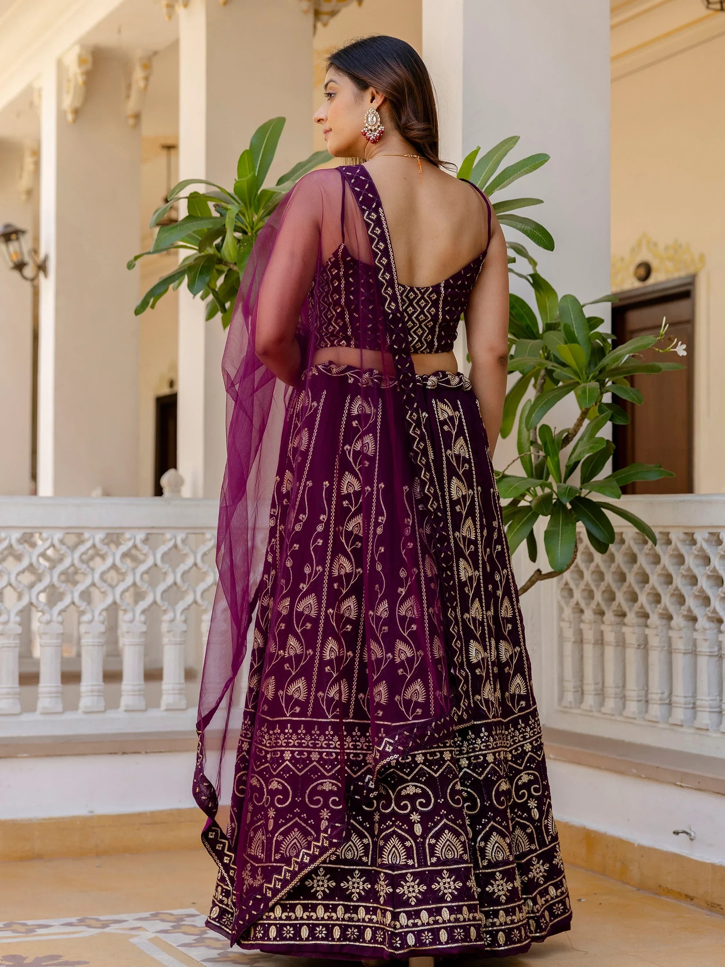 Sophisticated Wine Georgette Sequins Party Wear Lehenga Choli