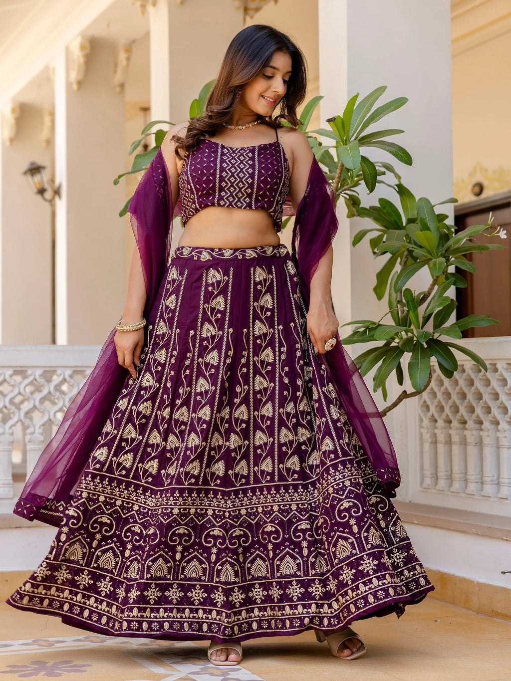 Sophisticated Wine Georgette Sequins Party Wear Lehenga Choli