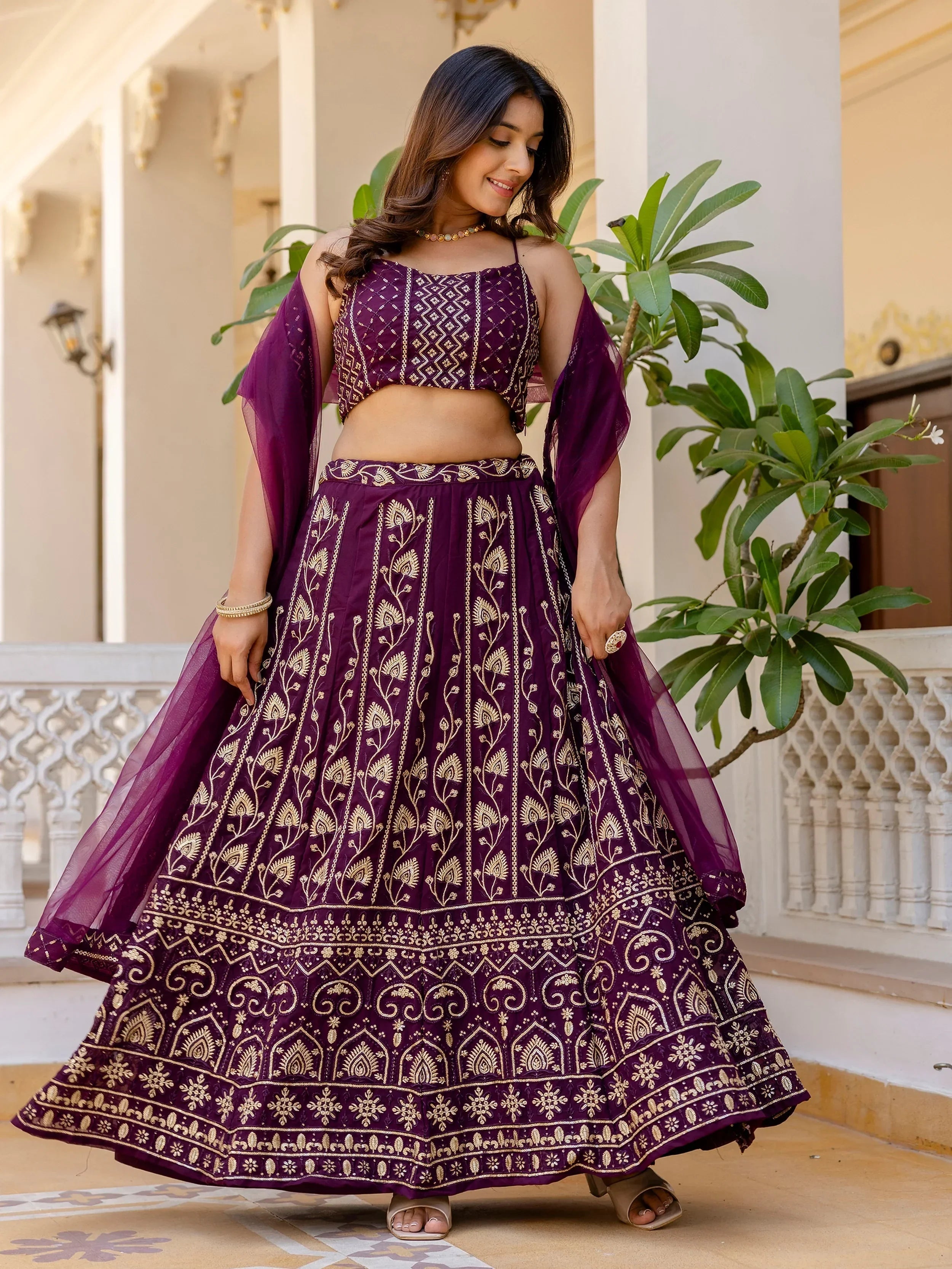 Sophisticated Wine Georgette Sequins Party Wear Lehenga Choli