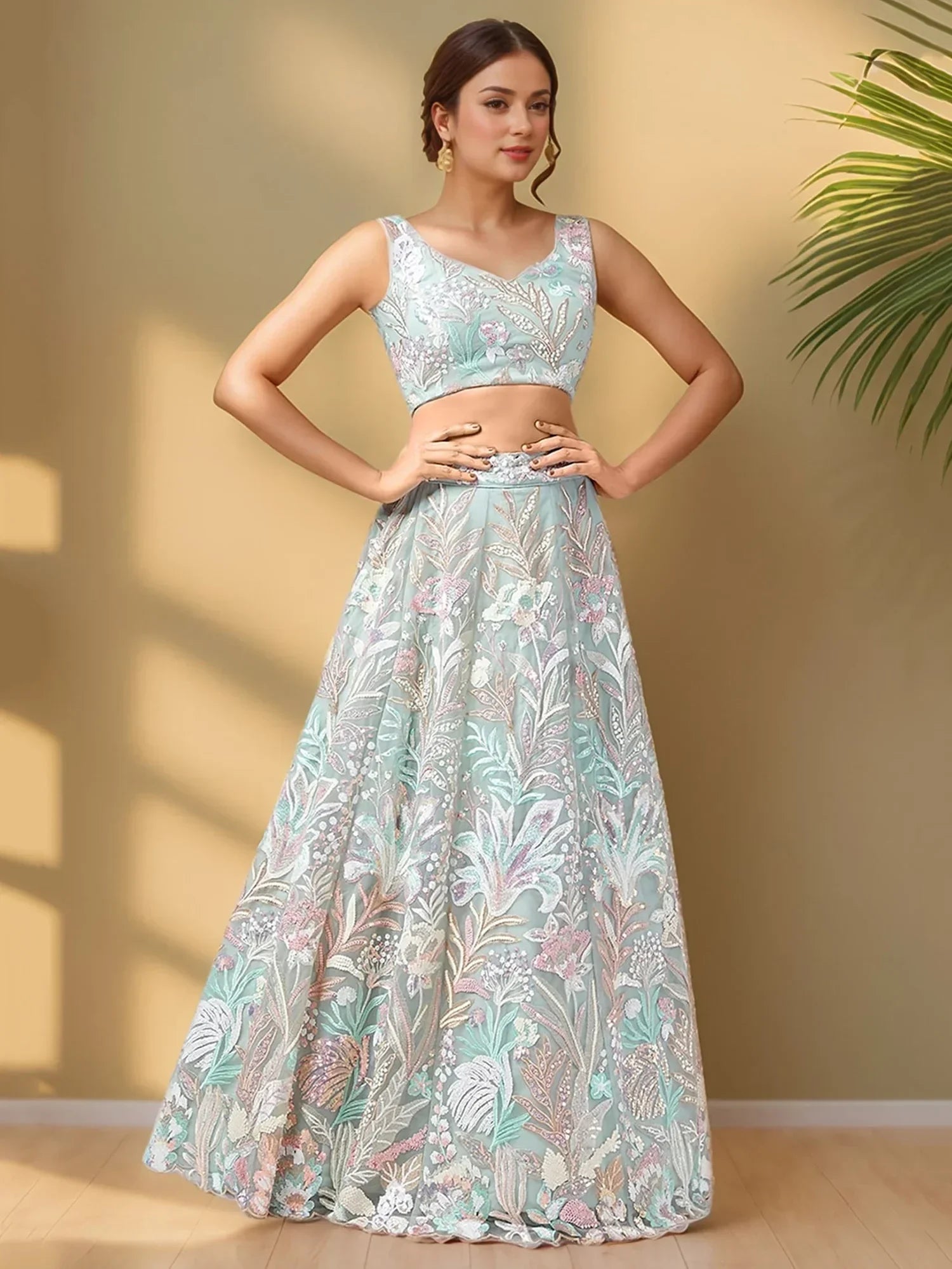Spectacular Pista Green Sequins Net Wedding Wear Lehenga Choli