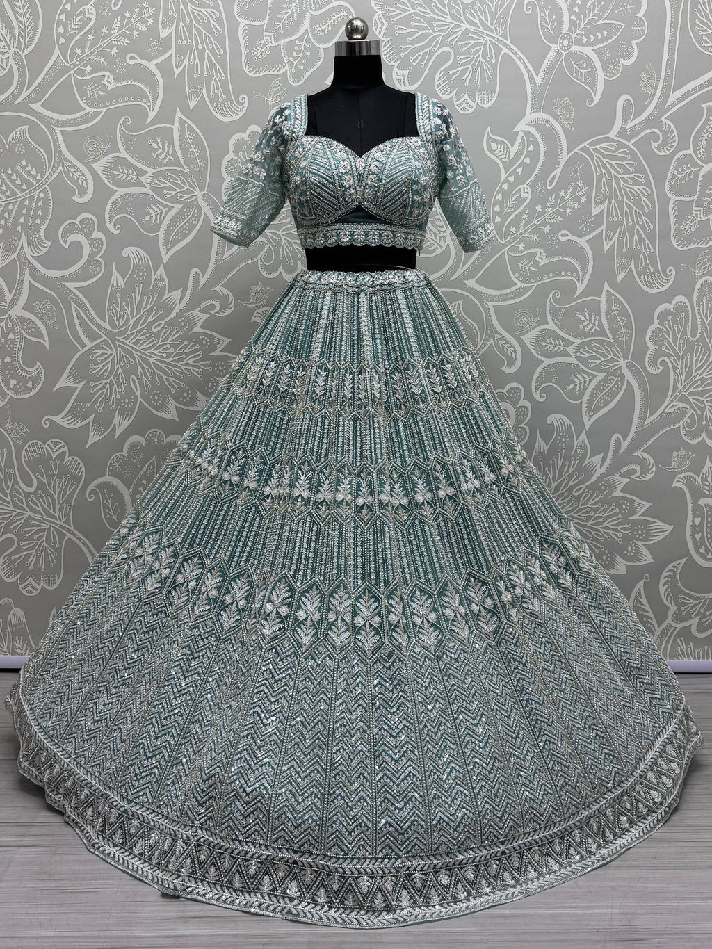 Sky Blue Spectacular Hand Wok Net Bridesmaid Lehenga Choli With Dupatta