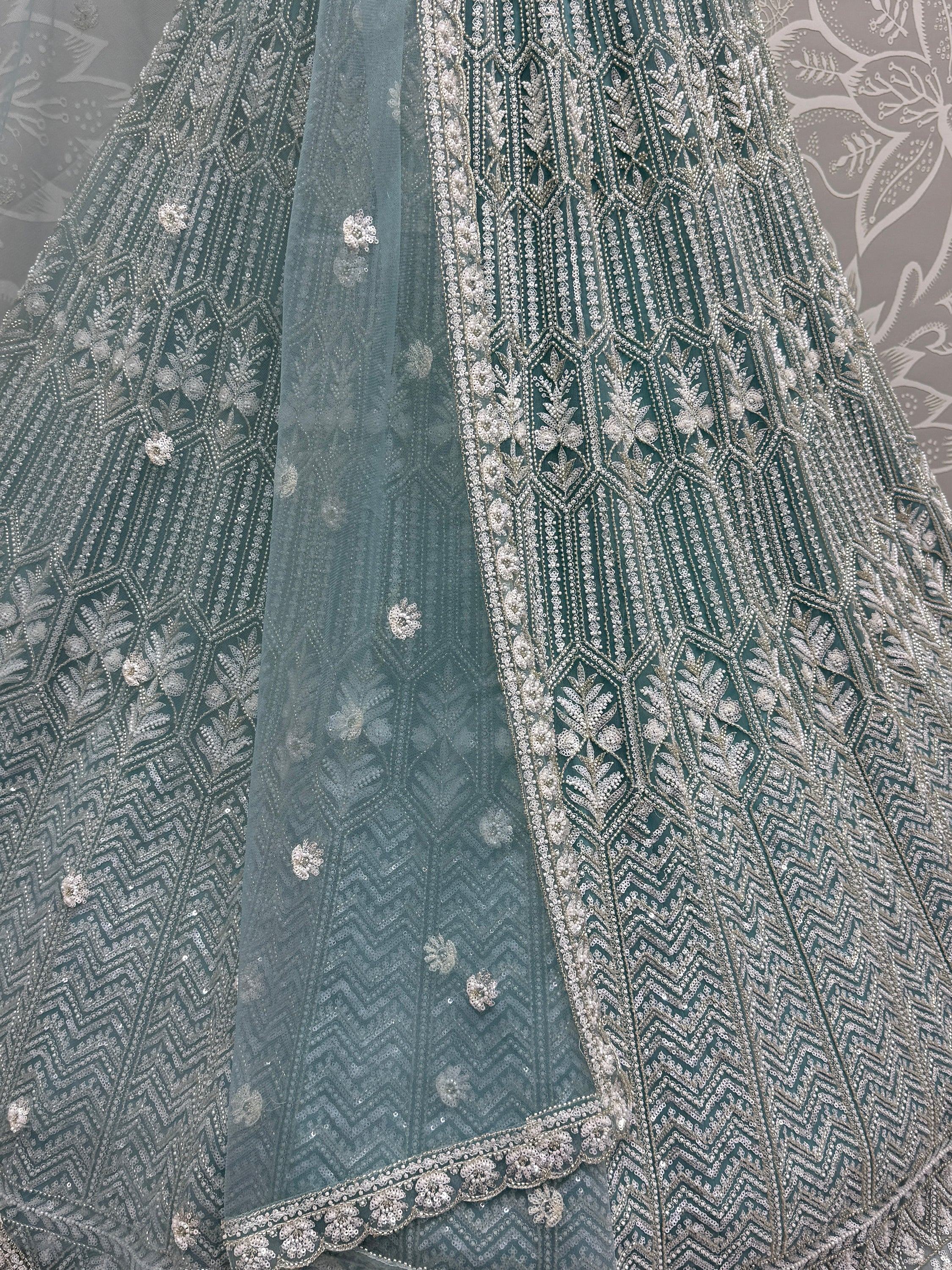 Sky Blue Spectacular Hand Wok Net Bridesmaid Lehenga Choli With Dupatta