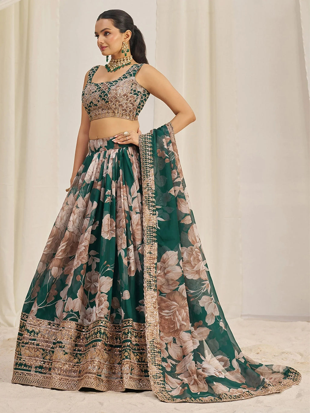 Startling Green Sequins Organza Festival Wear Lehenga Choli With Dupatta