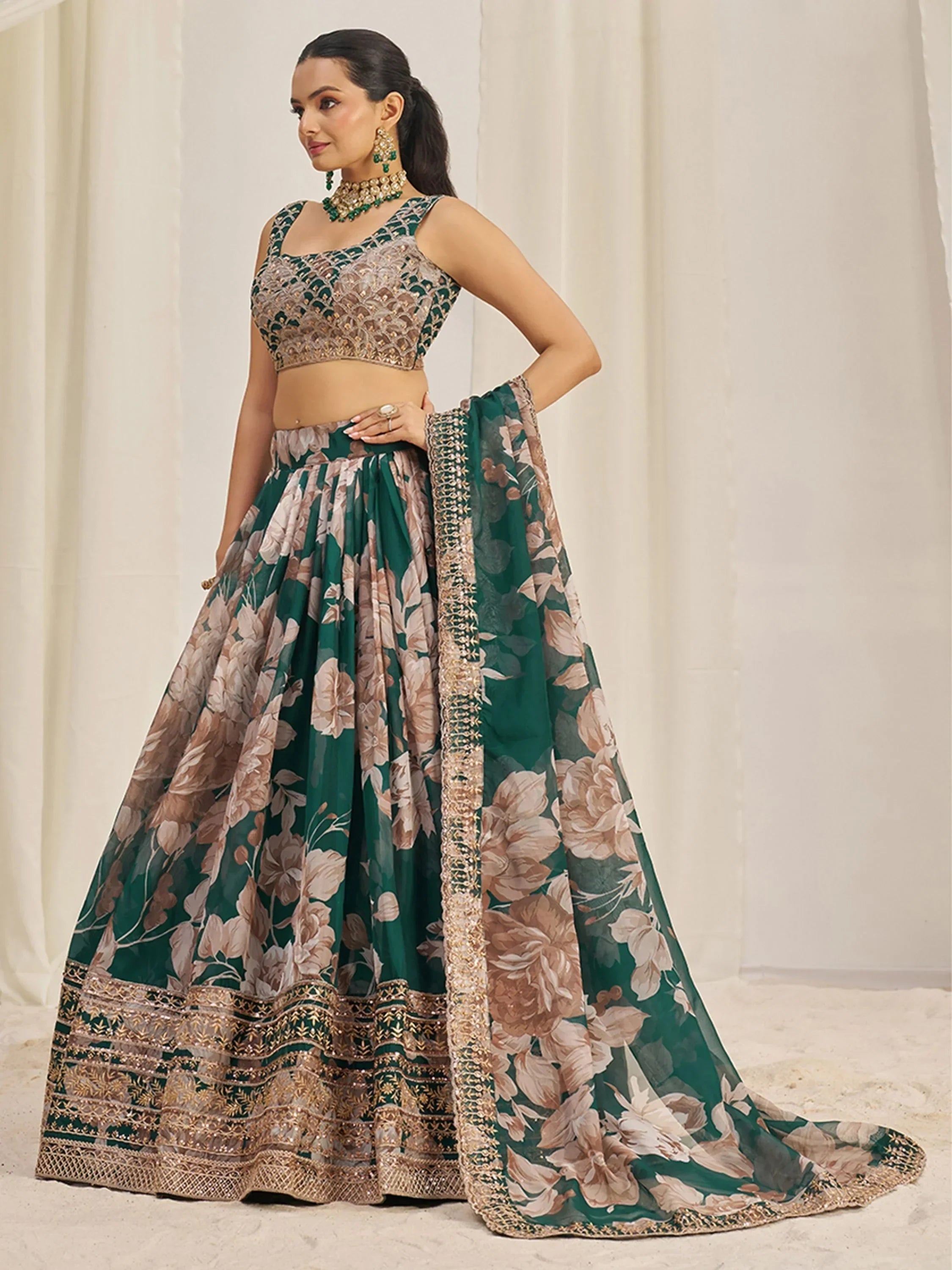 Startling Green Sequins Organza Festival Wear Lehenga Choli With Dupatta