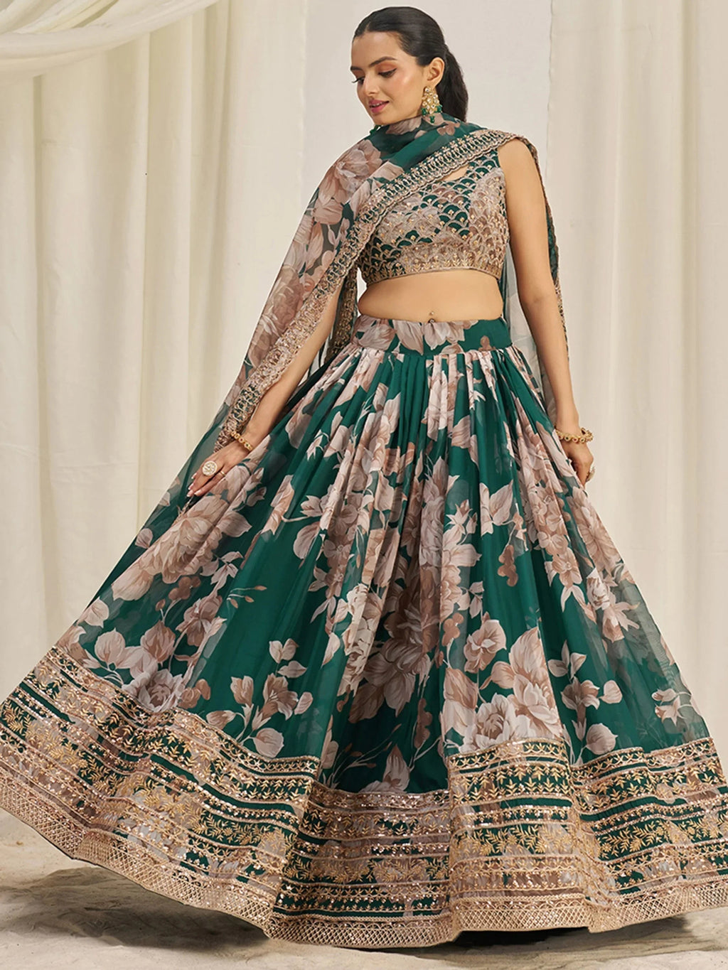 Startling Green Sequins Organza Festival Wear Lehenga Choli With Dupatta
