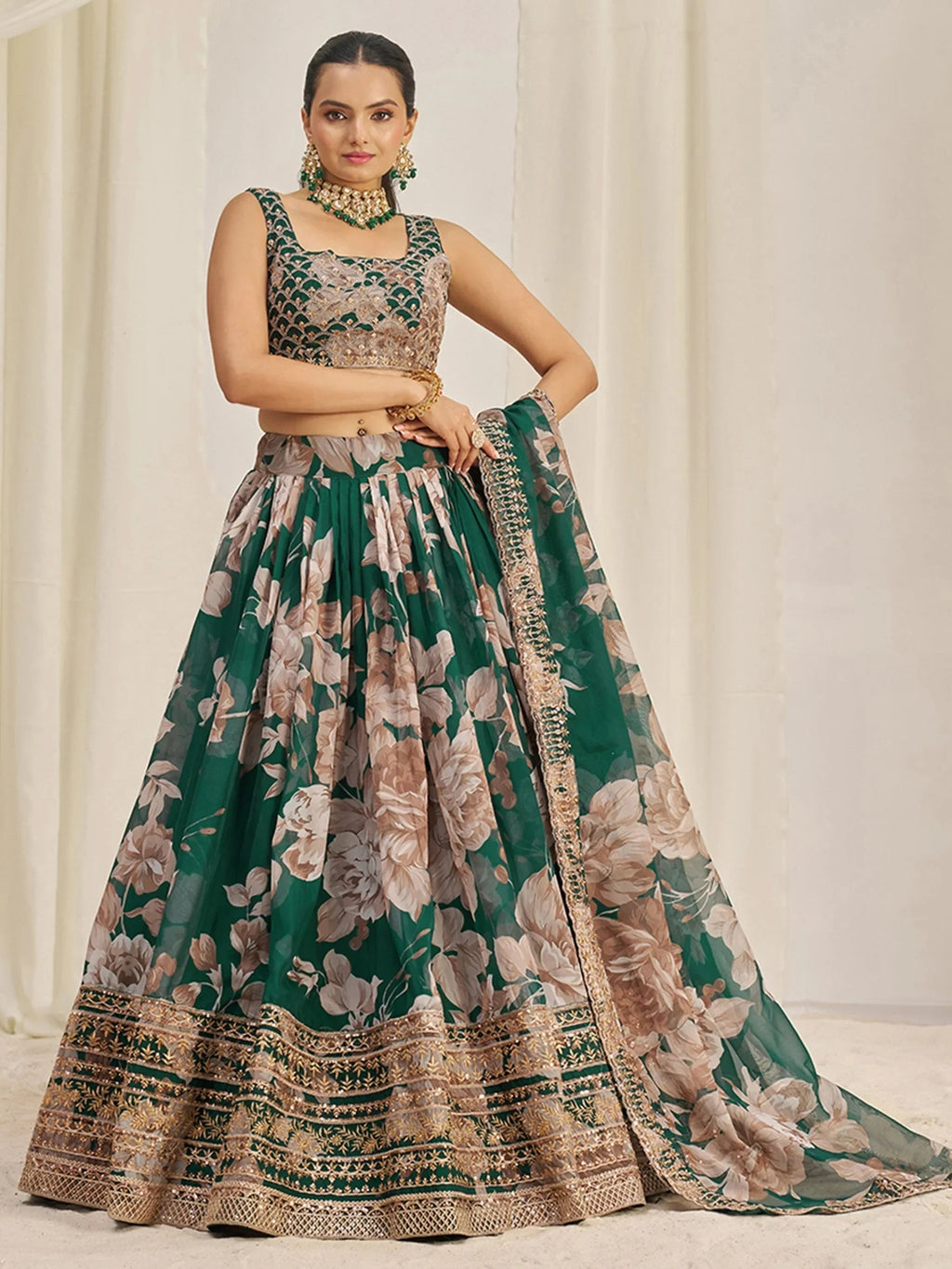 Startling Green Sequins Organza Festival Wear Lehenga Choli With Dupatta