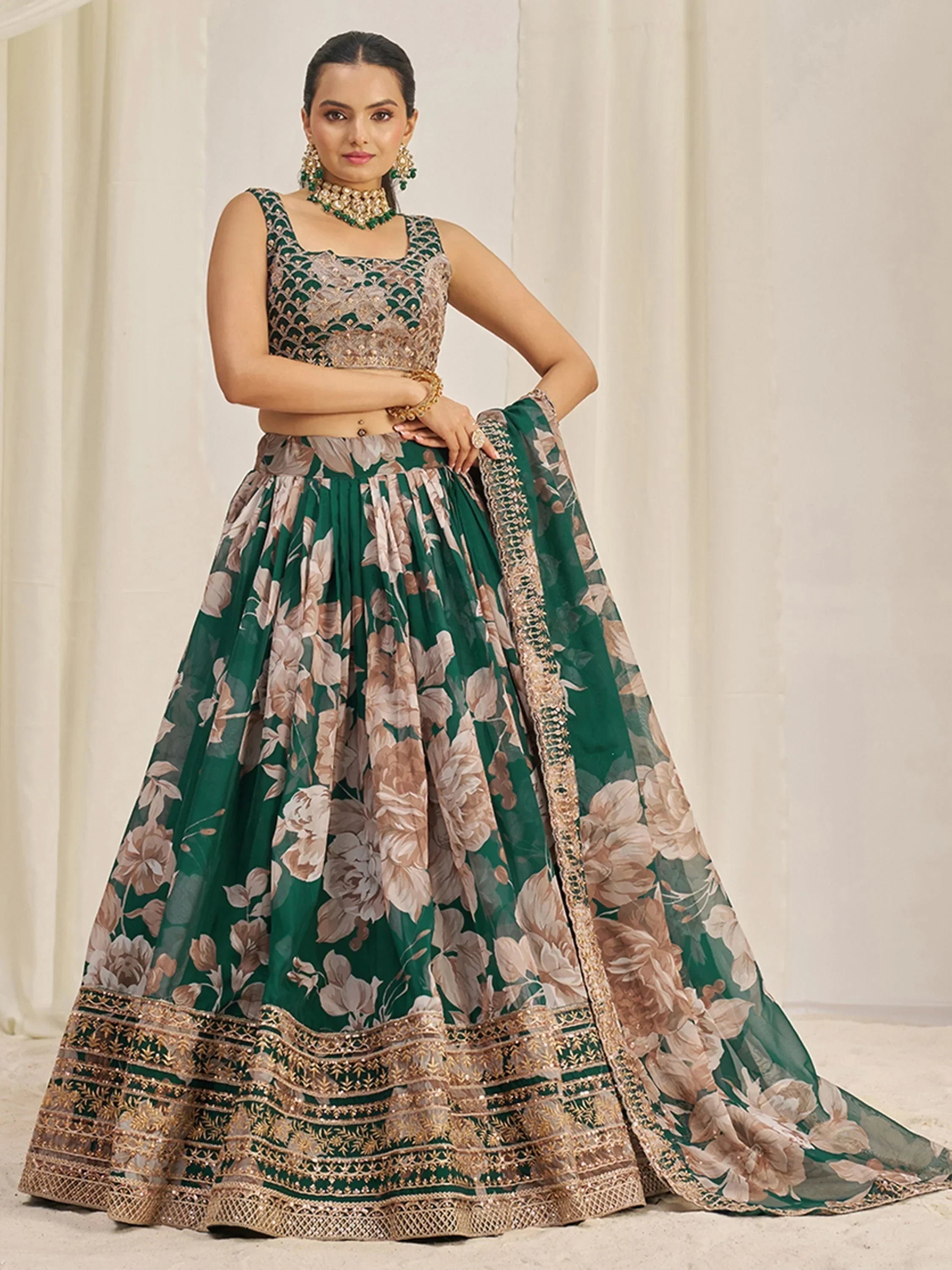 Startling Green Sequins Organza Festival Wear Lehenga Choli With Dupatta