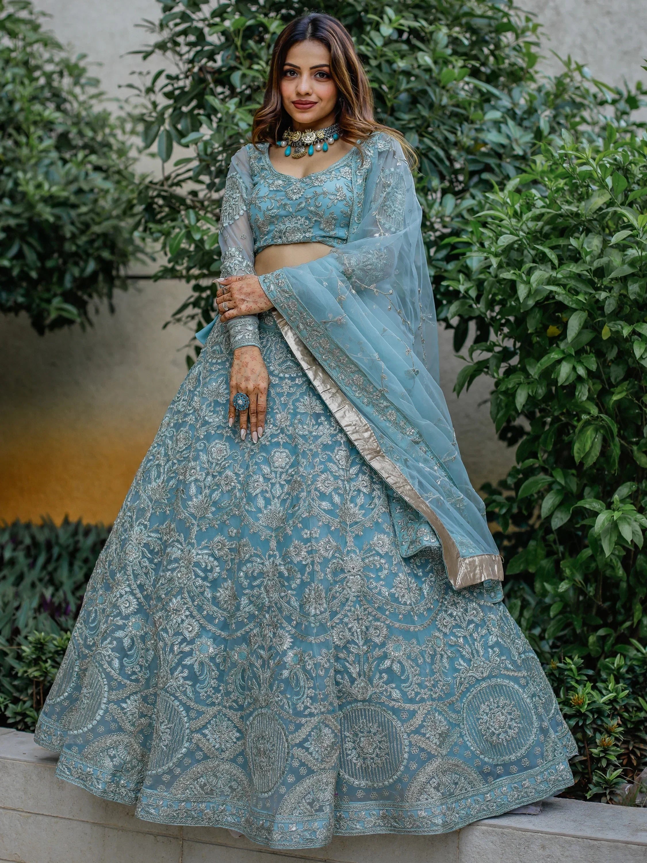 Stunning Aqua Blue Embroidered Soft Net Occasion Wear Lehenga Choli
