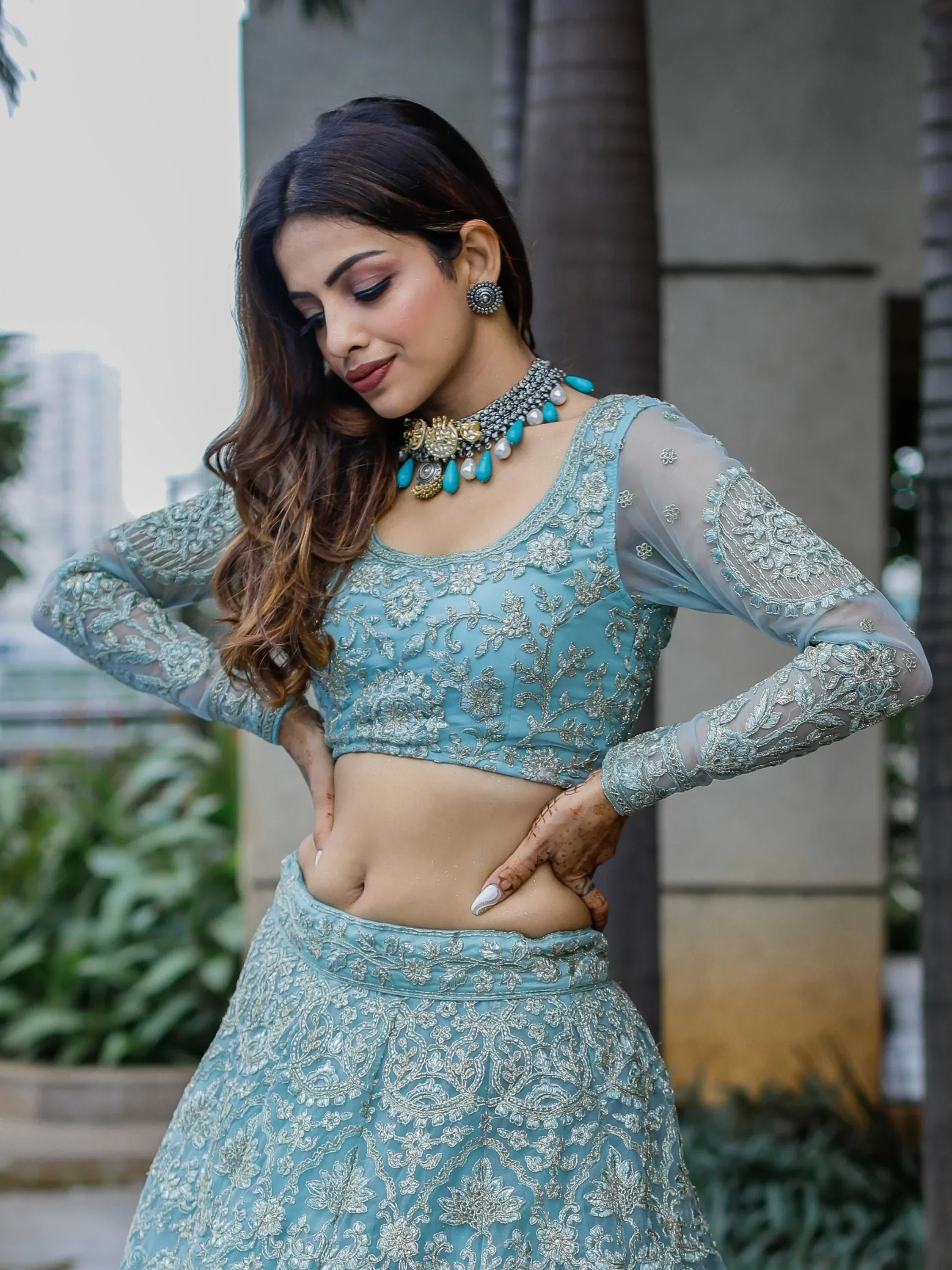 Stunning Aqua Blue Embroidered Soft Net Occasion Wear Lehenga Choli