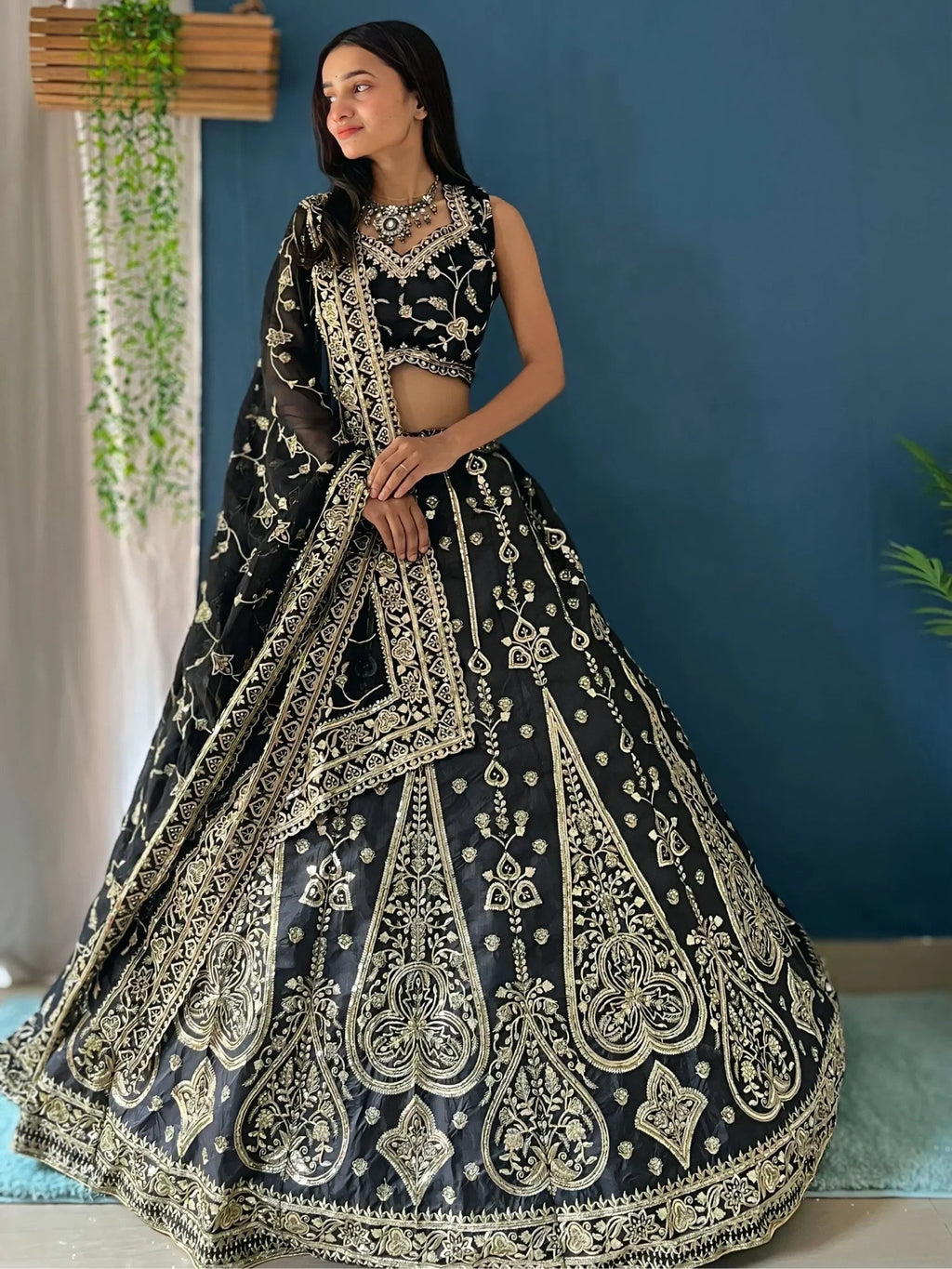 Stunning Black Zari Embroidery Silk Bridesmaid Lehenga Choli