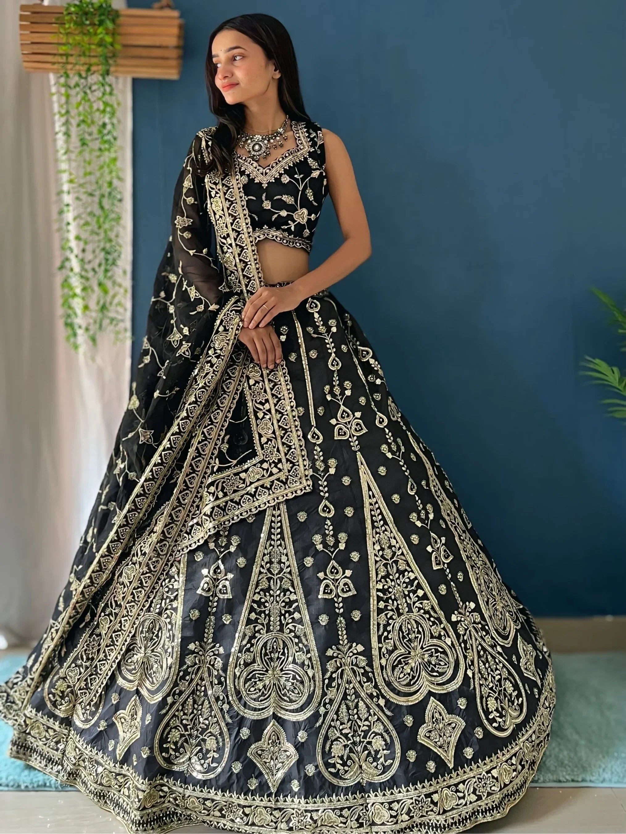 Stunning Black Zari Embroidery Silk Bridesmaid Lehenga Choli