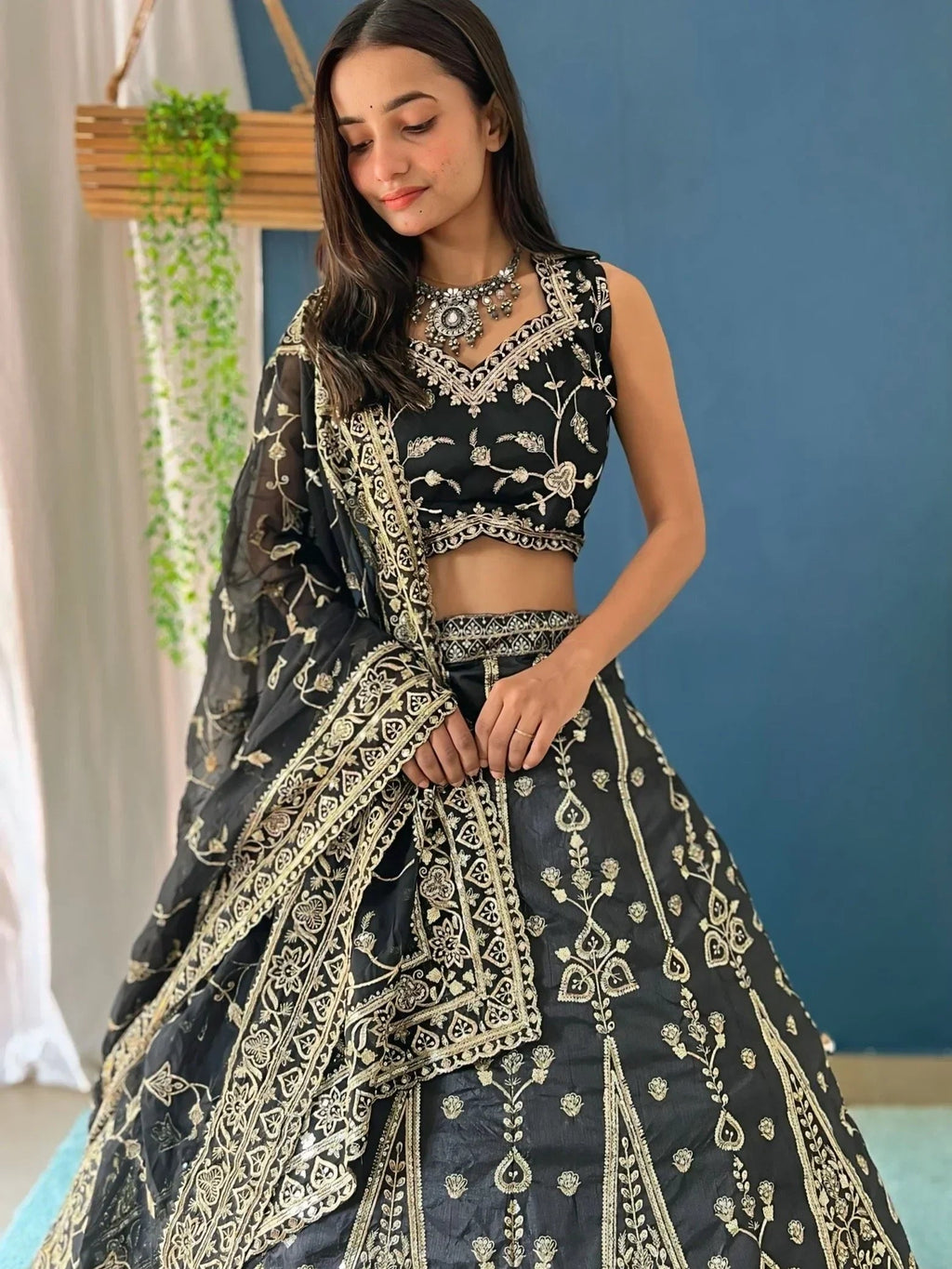 Stunning Black Zari Embroidery Silk Bridesmaid Lehenga Choli