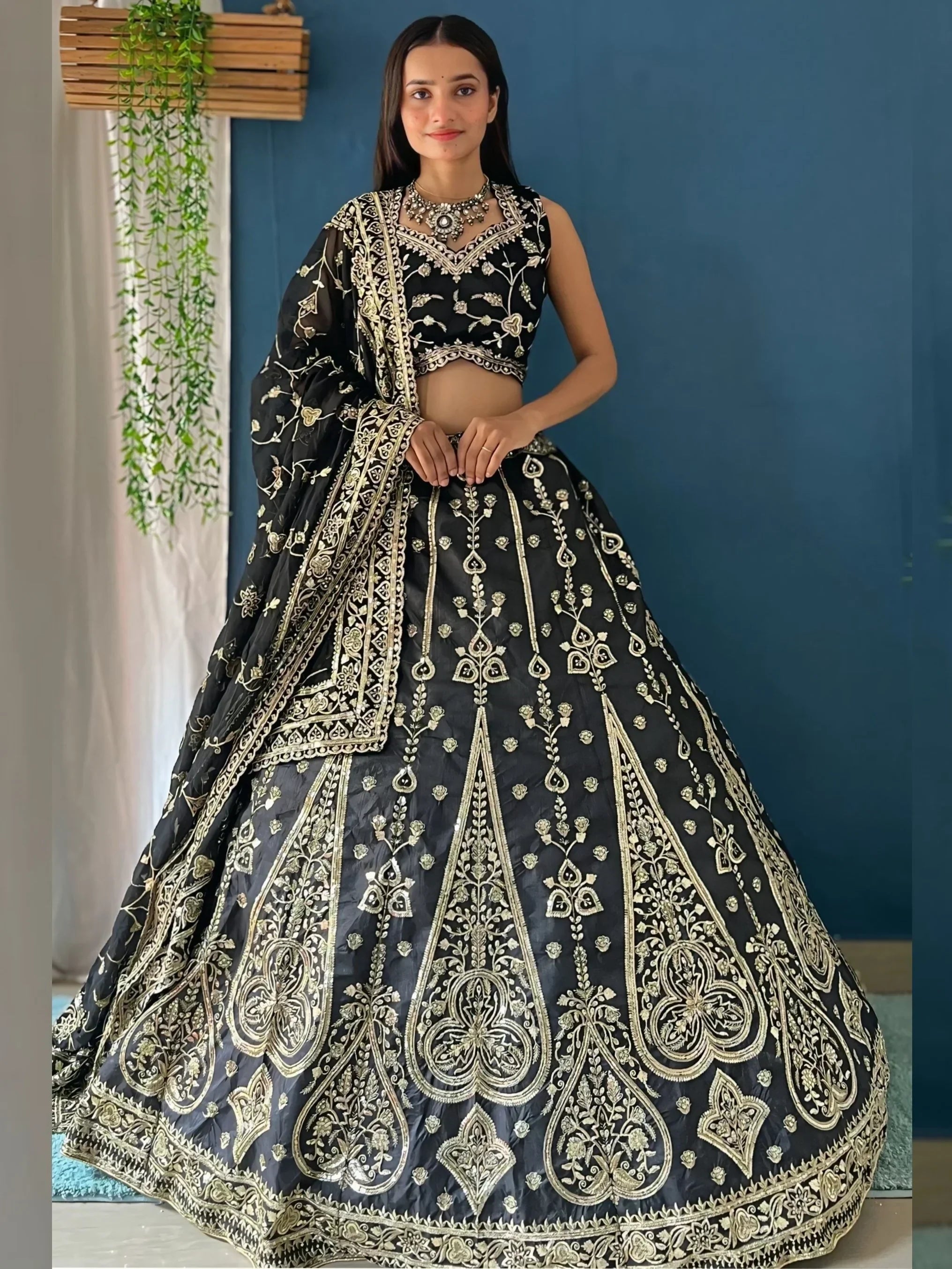 Stunning Black Zari Embroidery Silk Bridesmaid Lehenga Choli