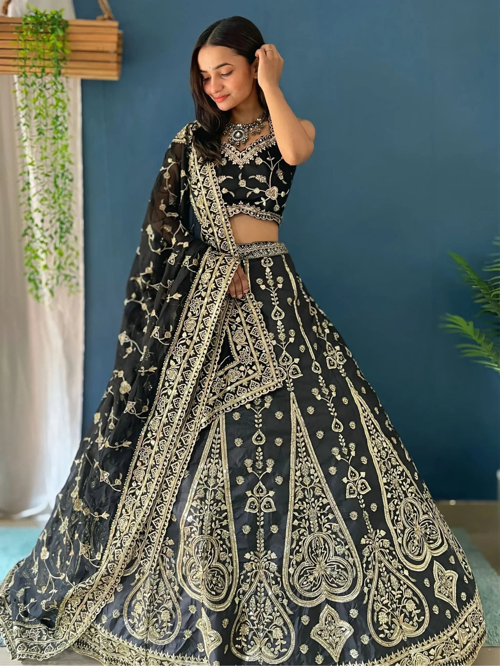 Stunning Black Zari Embroidery Silk Bridesmaid Lehenga Choli
