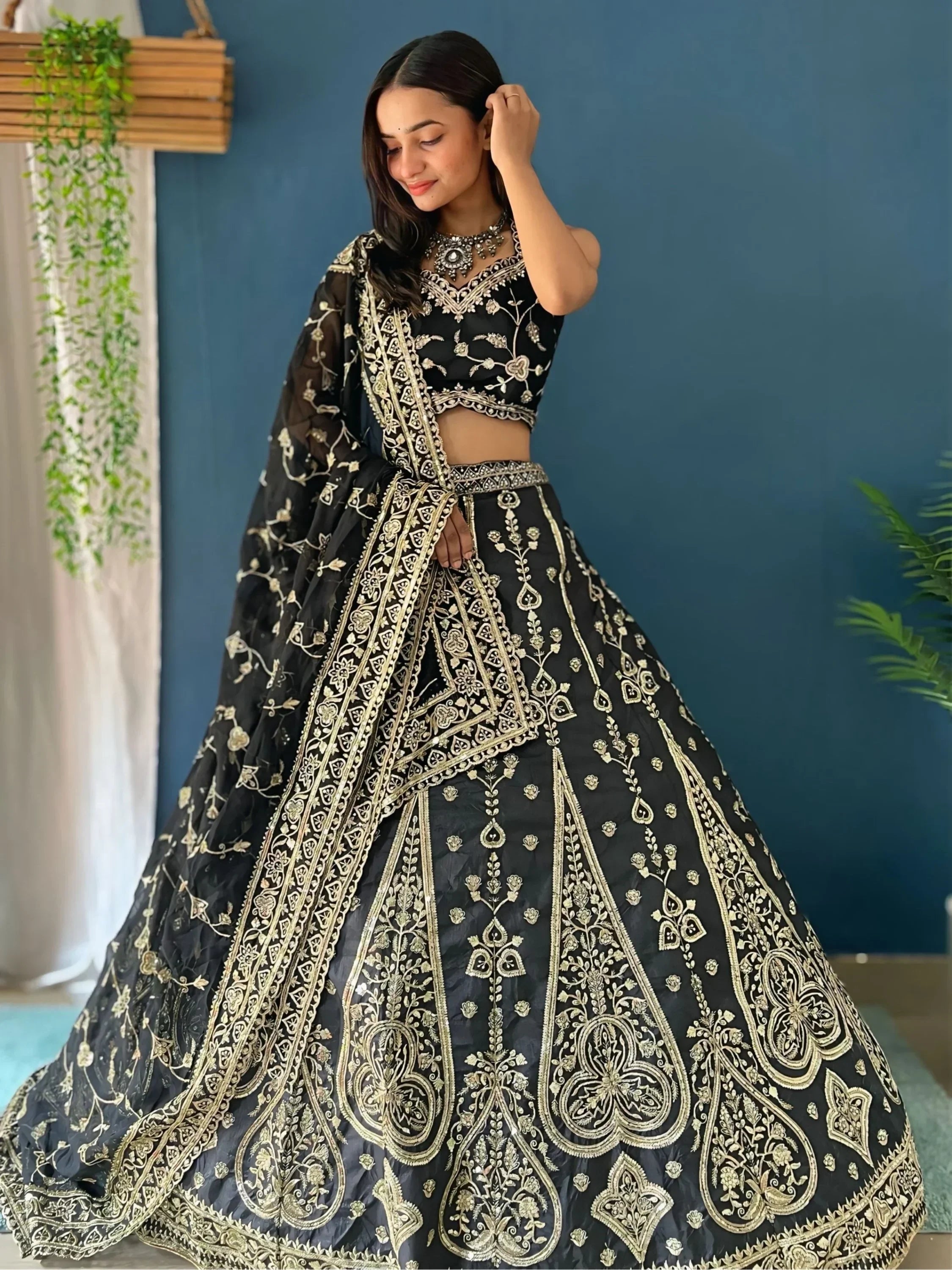 Stunning Black Zari Embroidery Silk Bridesmaid Lehenga Choli
