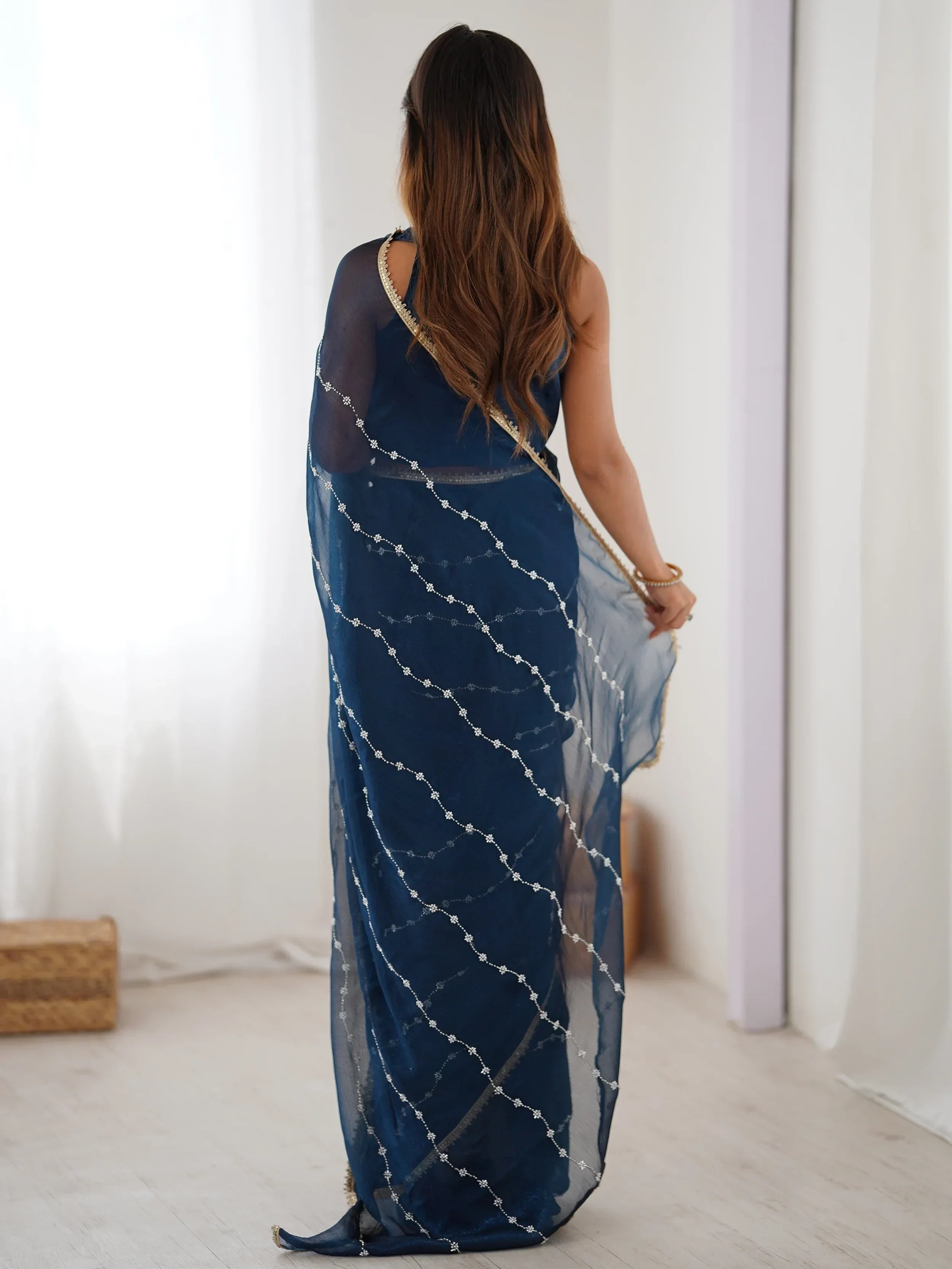 Blue Majestic Chiffon Beads Work Saree With Blouse