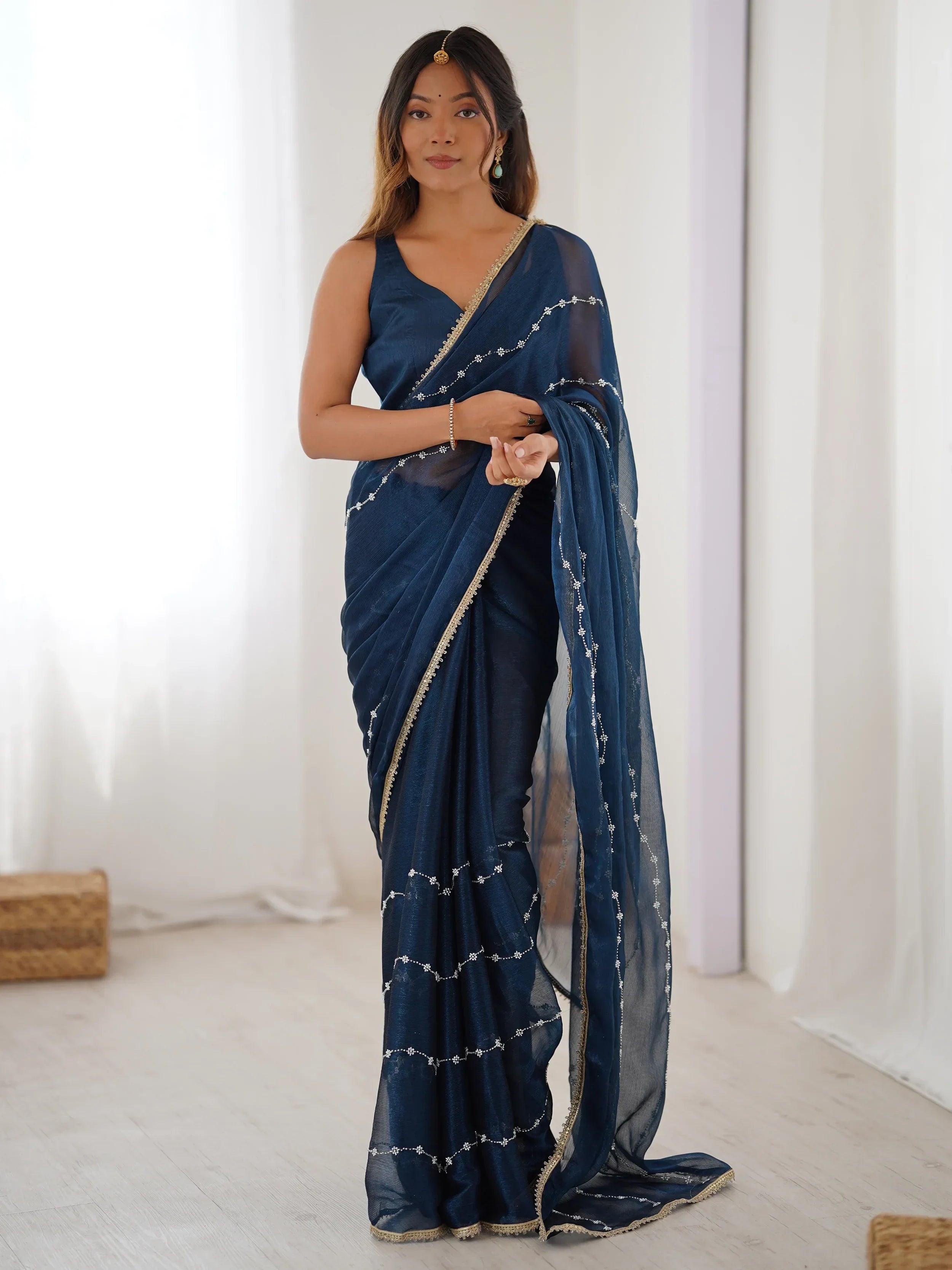 Blue Majestic Chiffon Beads Work Saree With Blouse