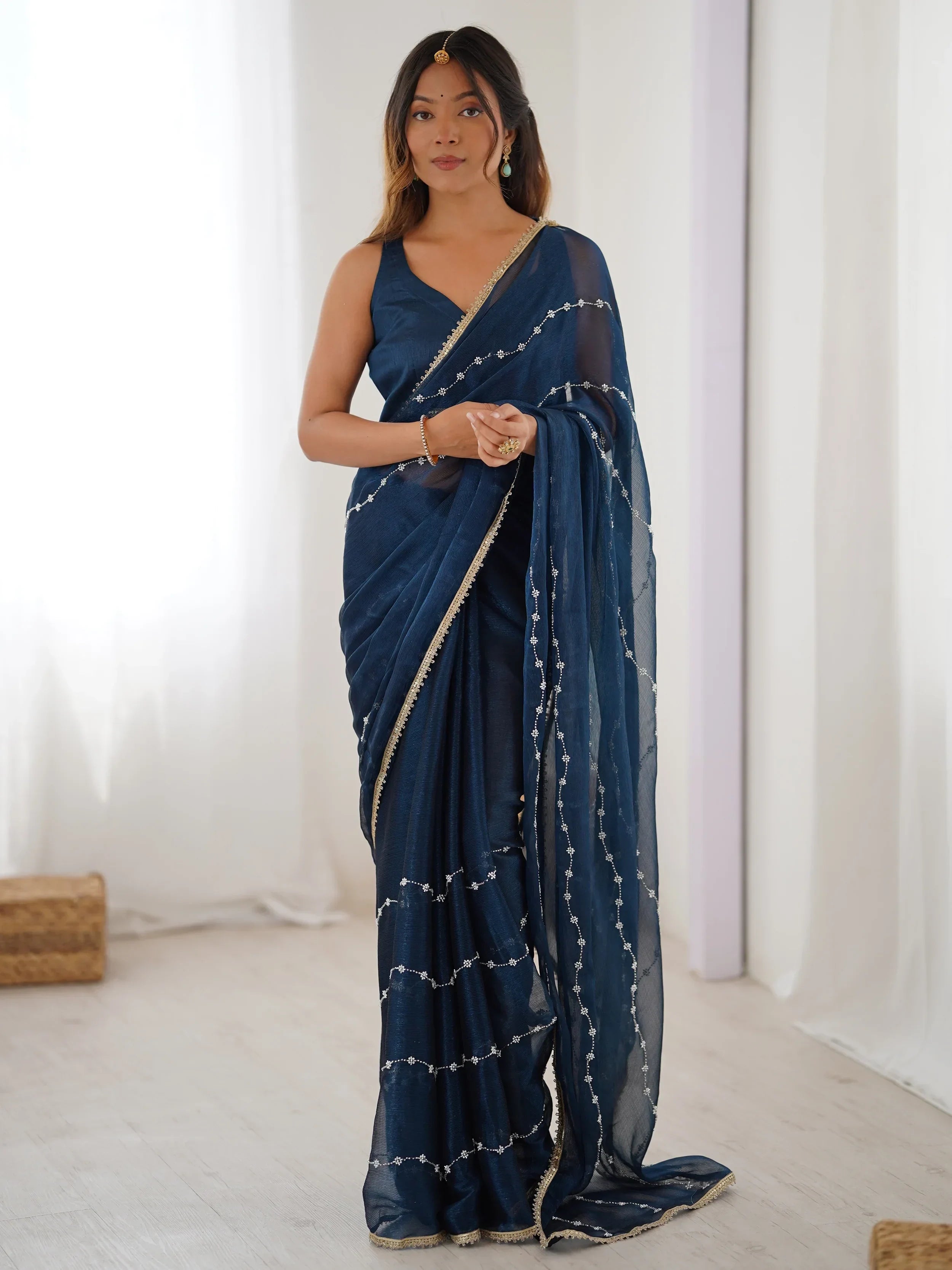 Blue Majestic Chiffon Beads Work Saree With Blouse