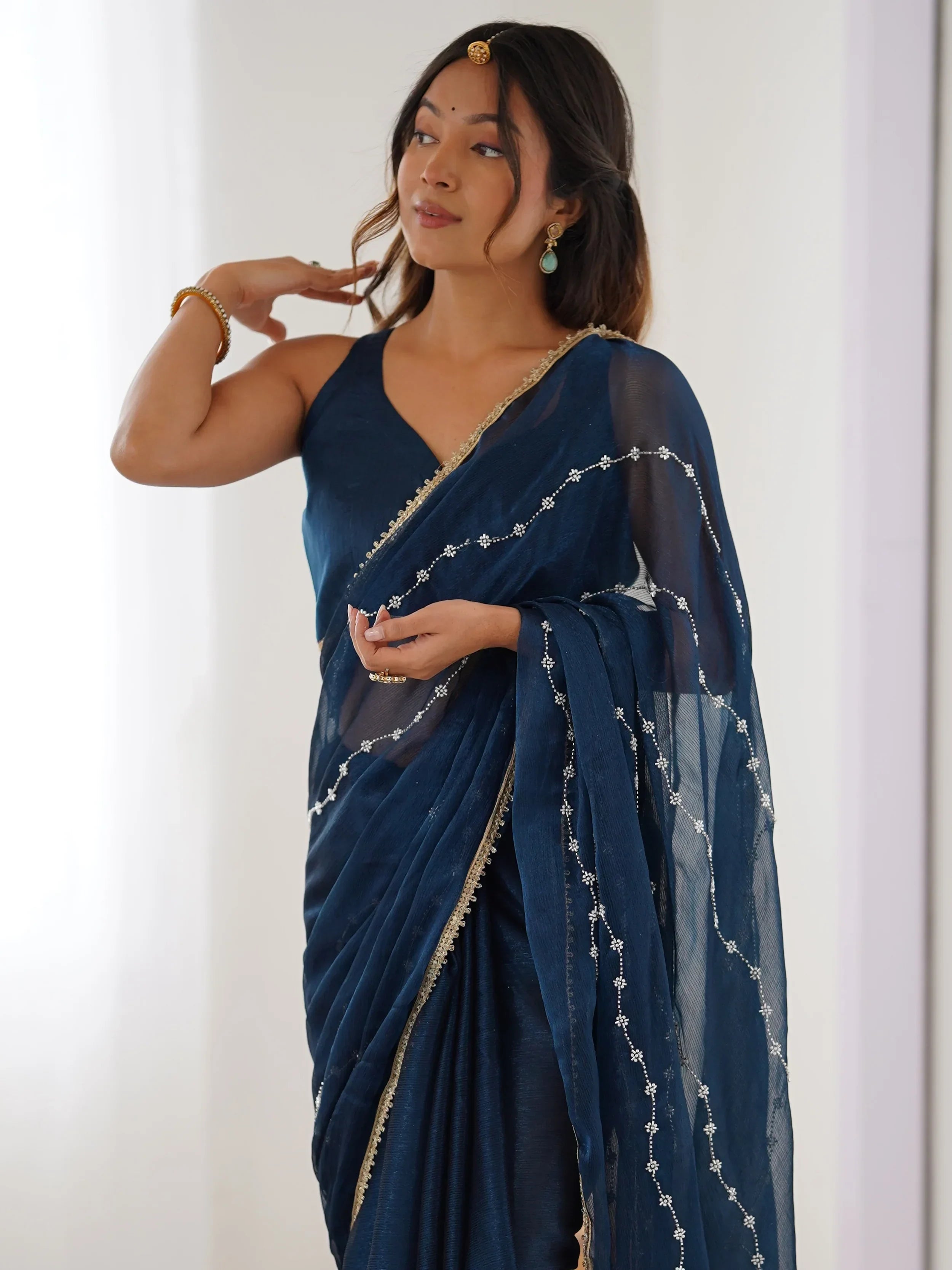 Blue Majestic Chiffon Beads Work Saree With Blouse