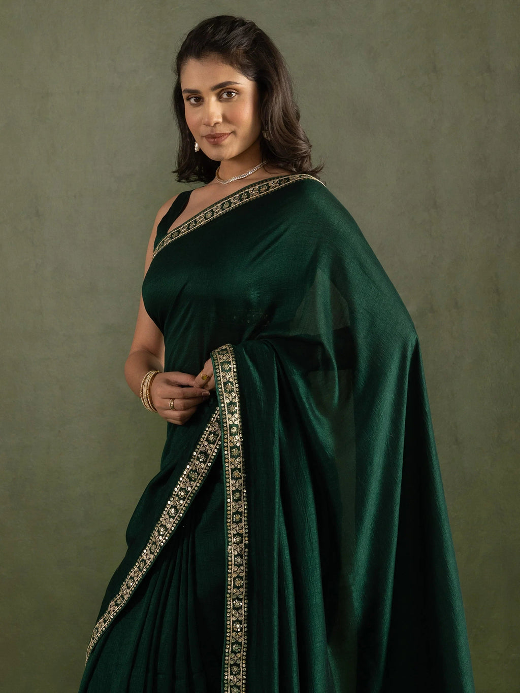 Stunning Deep Green Chiffon Mehendi Wear Stitched Saree
