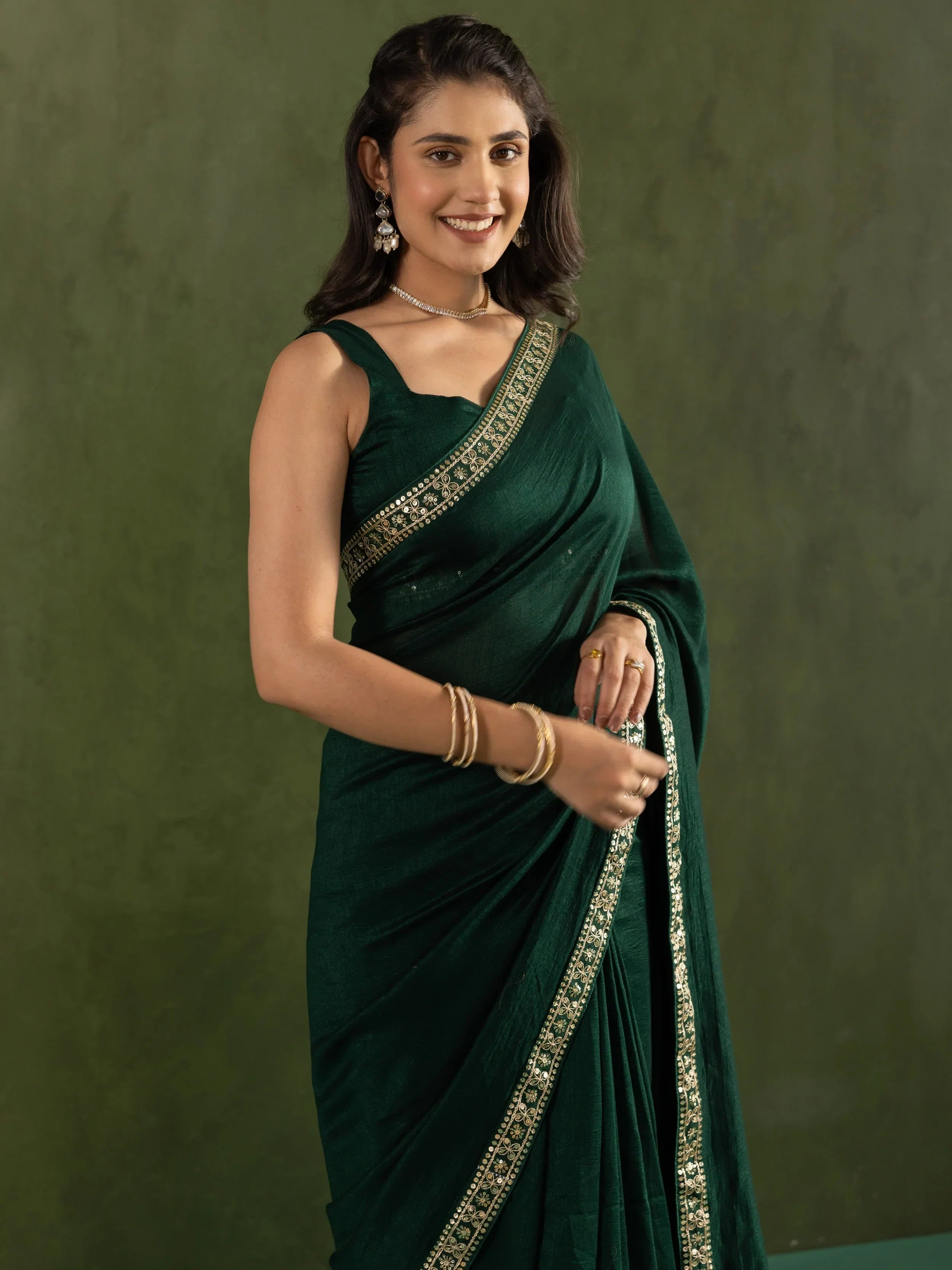 Stunning Deep Green Chiffon Mehendi Wear Stitched Saree