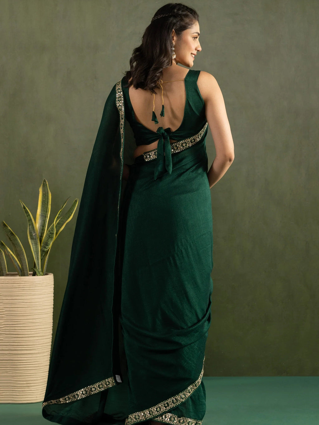 Stunning Deep Green Chiffon Mehendi Wear Stitched Saree