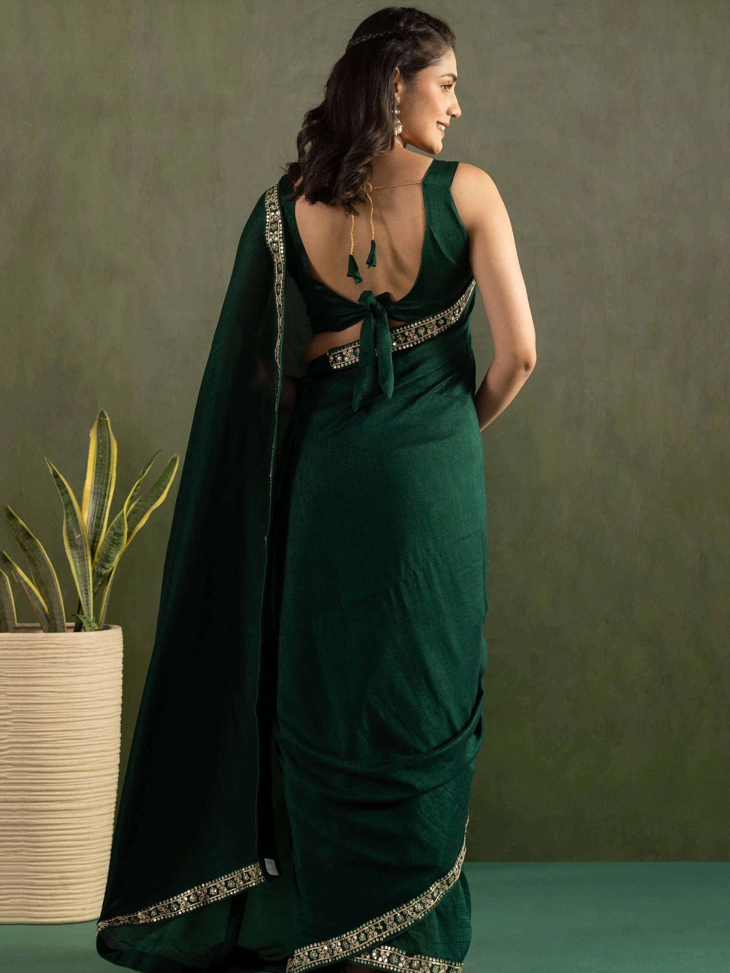 Stunning Deep Green Chiffon Mehendi Wear Stitched Saree