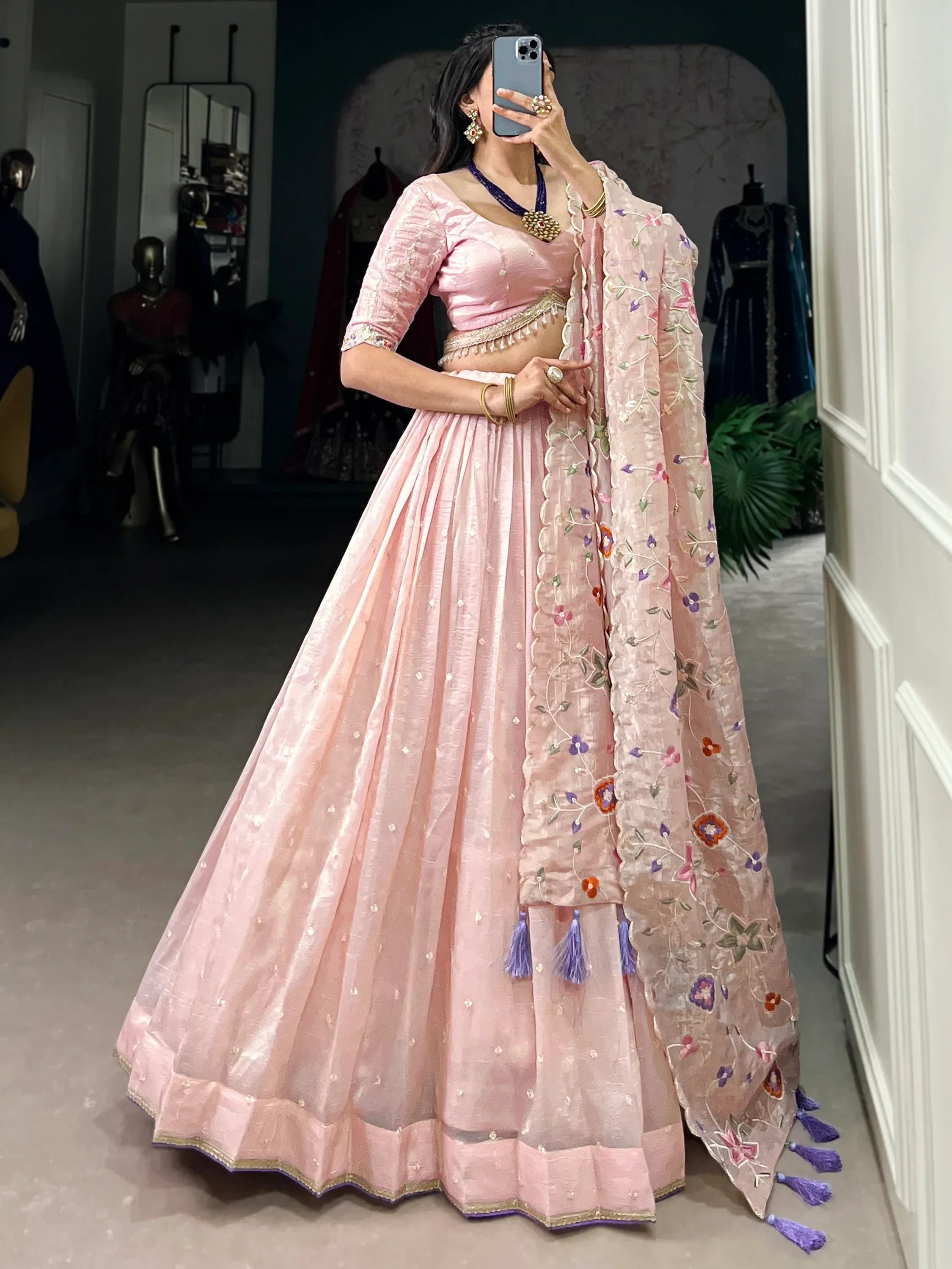 Stunning Light Pink Thread Embroidered Designer Lehenga Choli