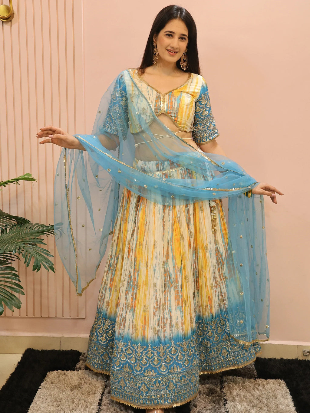 Stunning Multi Color Chinon Thread Embroidered Lehenga Choli