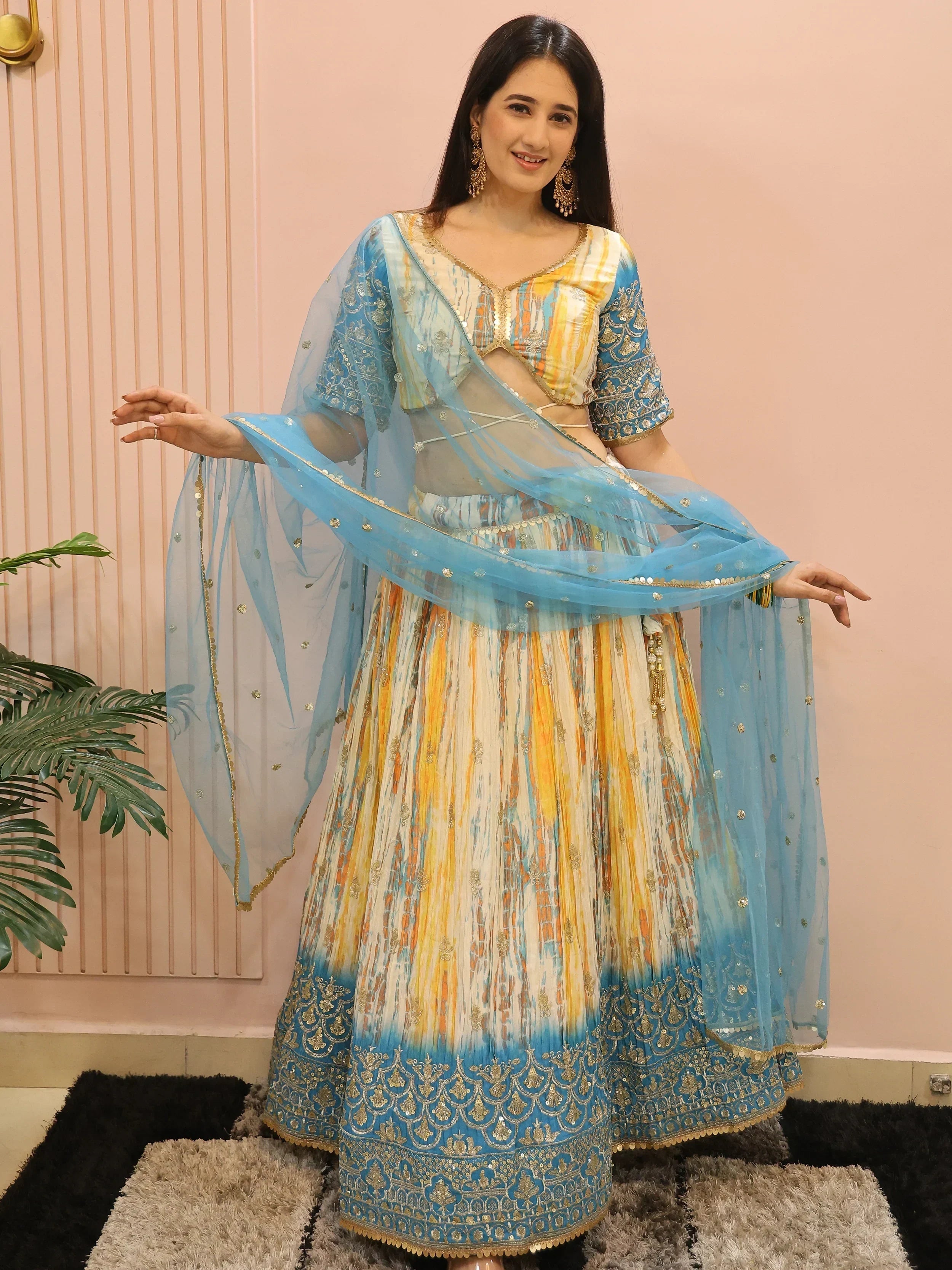 Stunning Multi Color Chinon Thread Embroidered Lehenga Choli