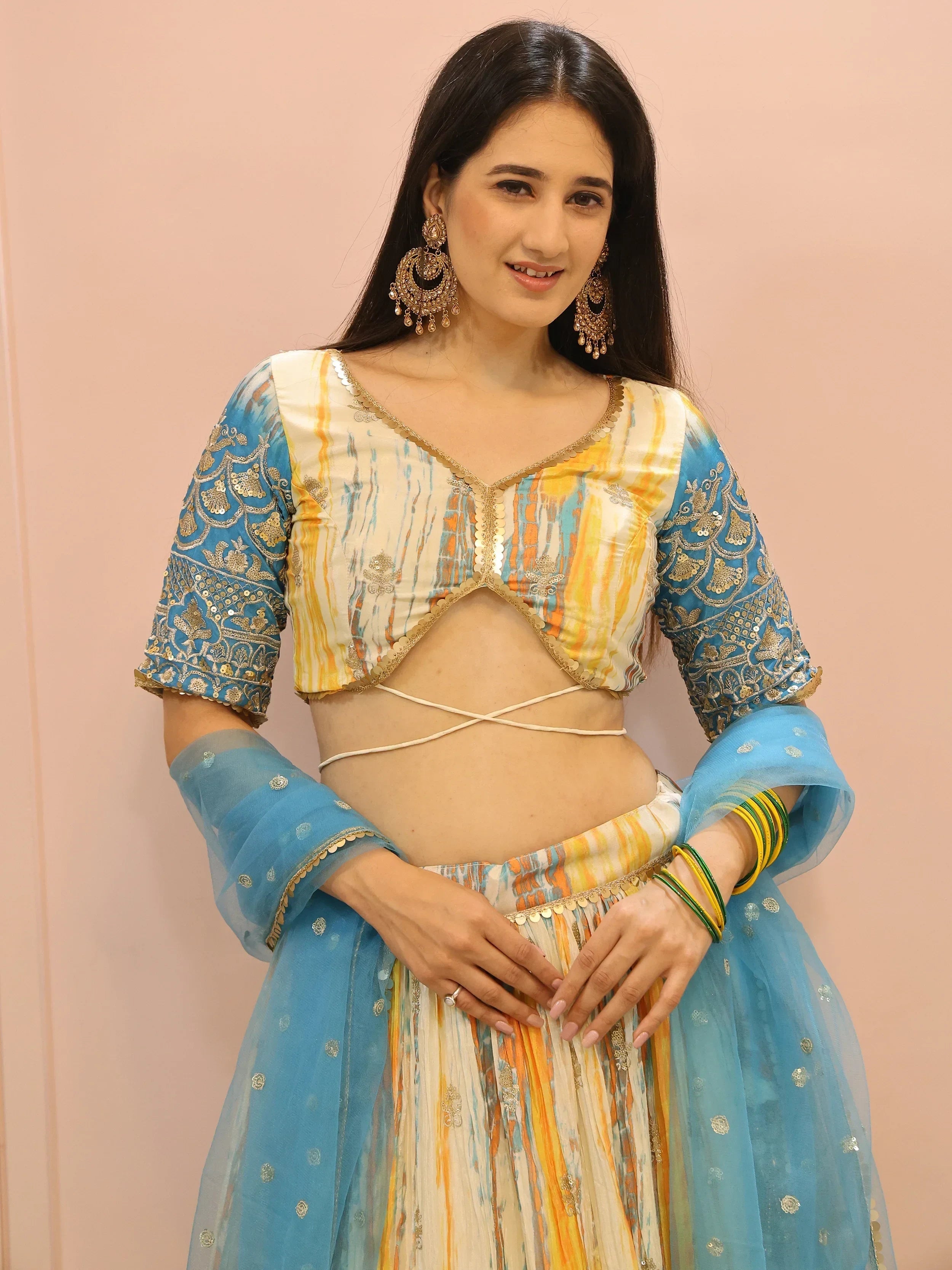 Stunning Multi Color Chinon Thread Embroidered Lehenga Choli