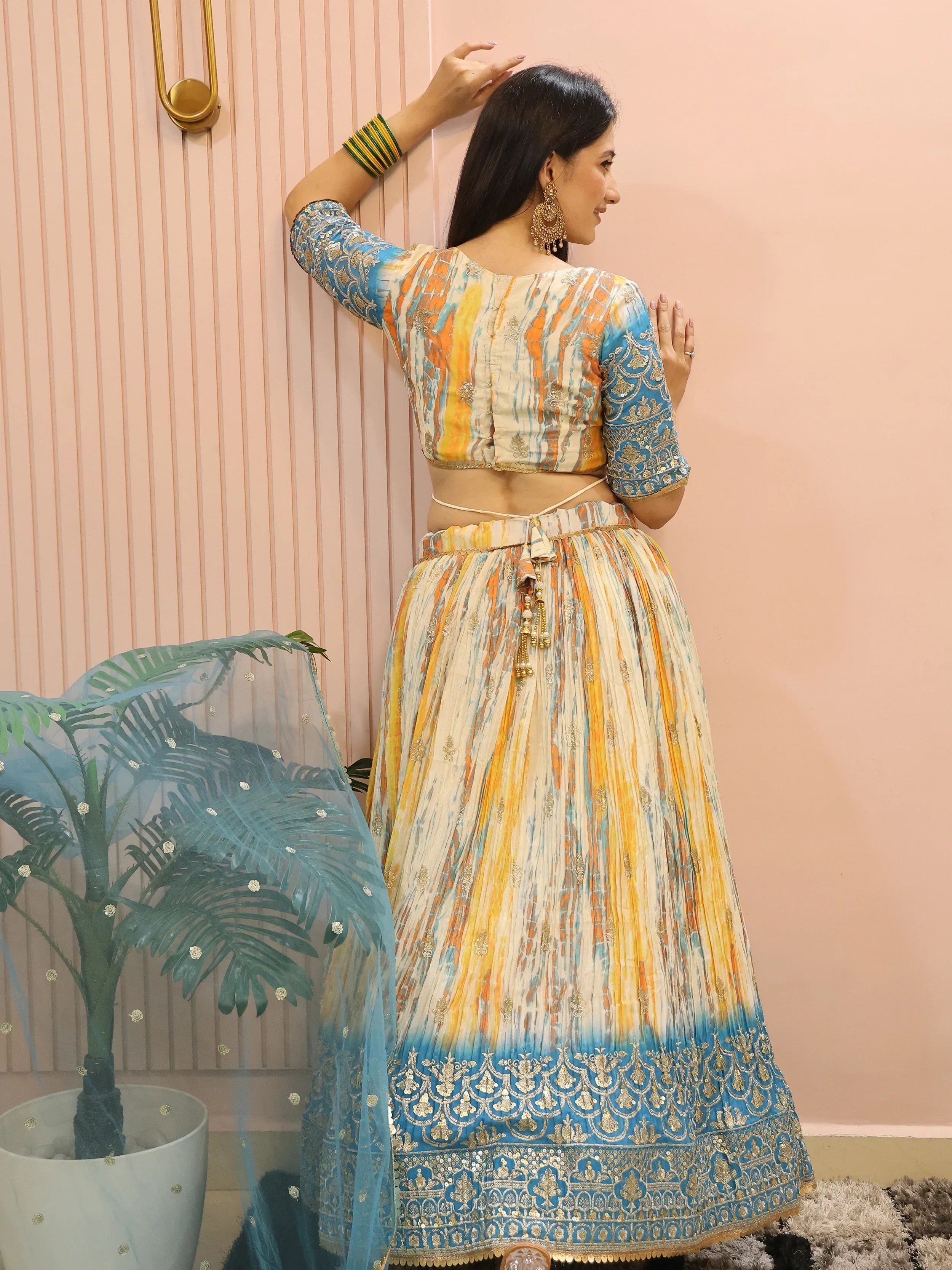 Stunning Multi Color Chinon Thread Embroidered Lehenga Choli