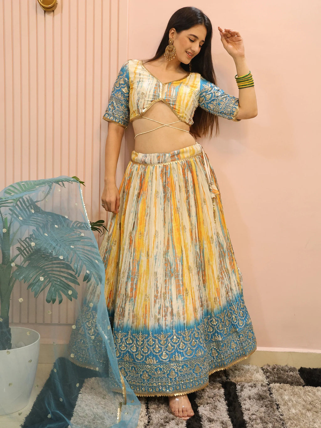 Stunning Multi Color Chinon Thread Embroidered Lehenga Choli