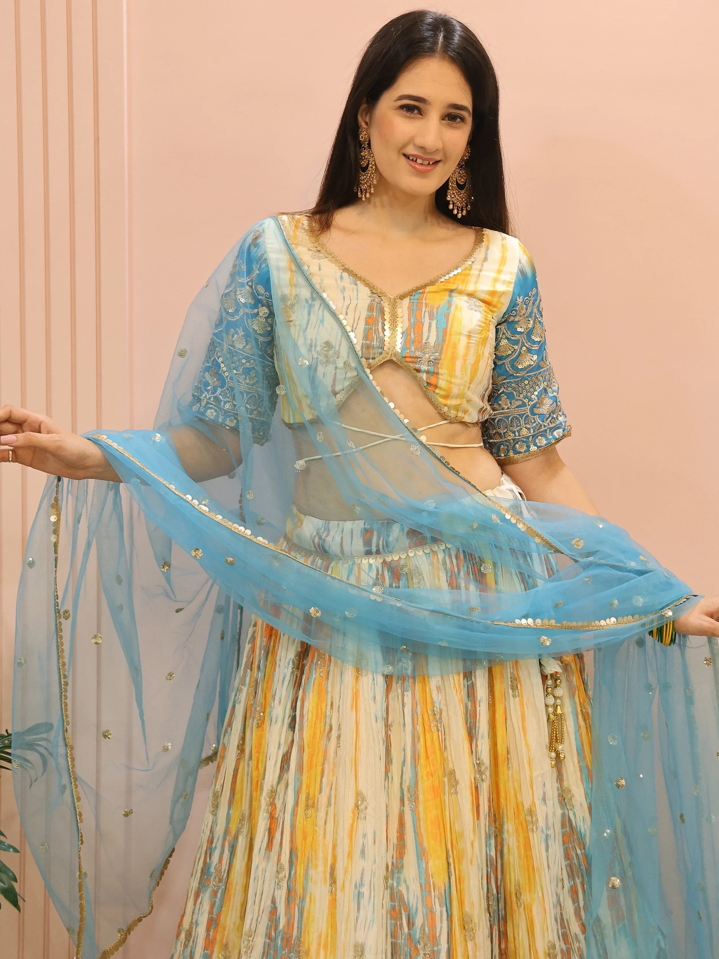 Stunning Multi Color Chinon Thread Embroidered Lehenga Choli