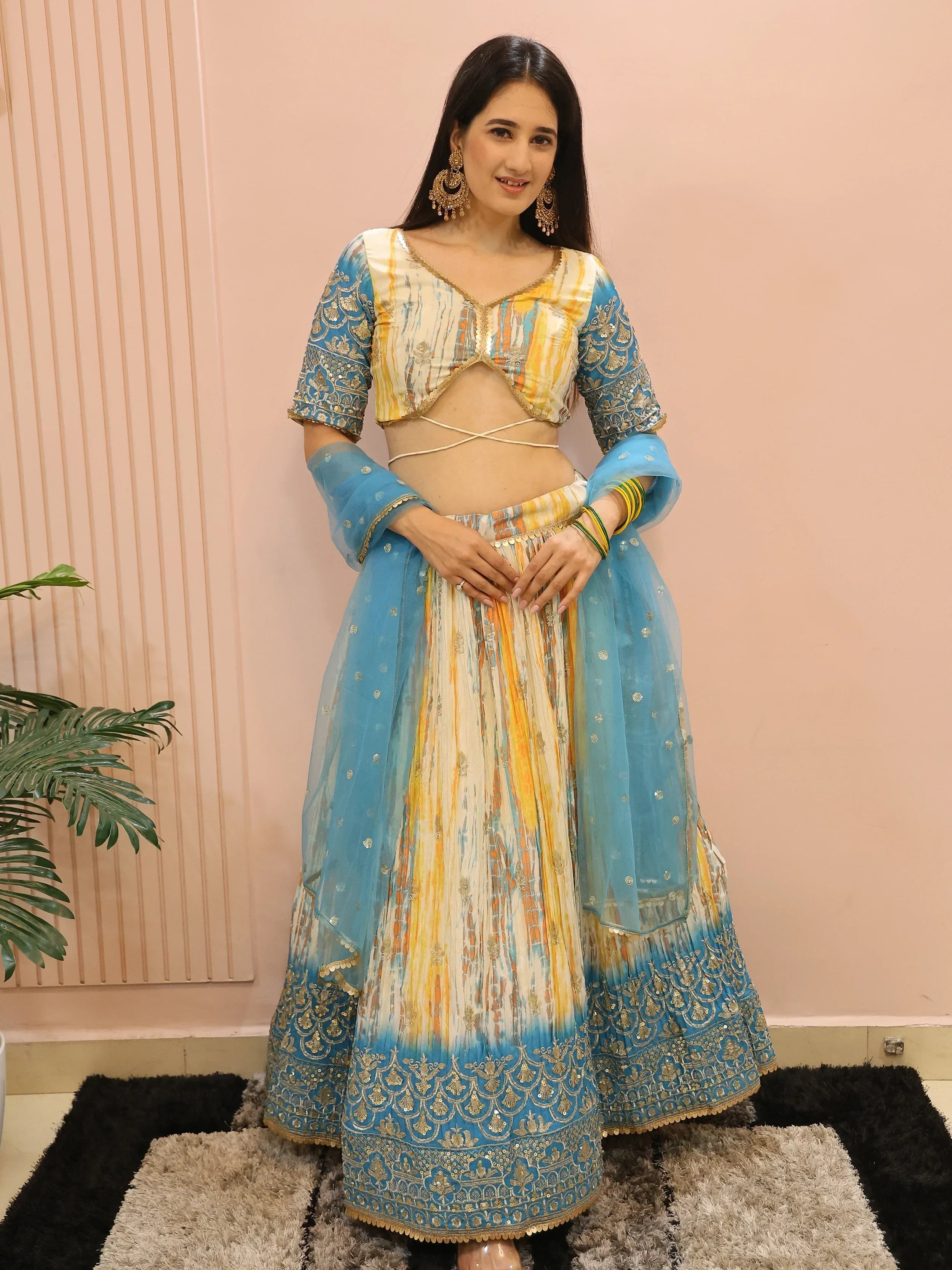 Stunning Multi Color Chinon Thread Embroidered Lehenga Choli