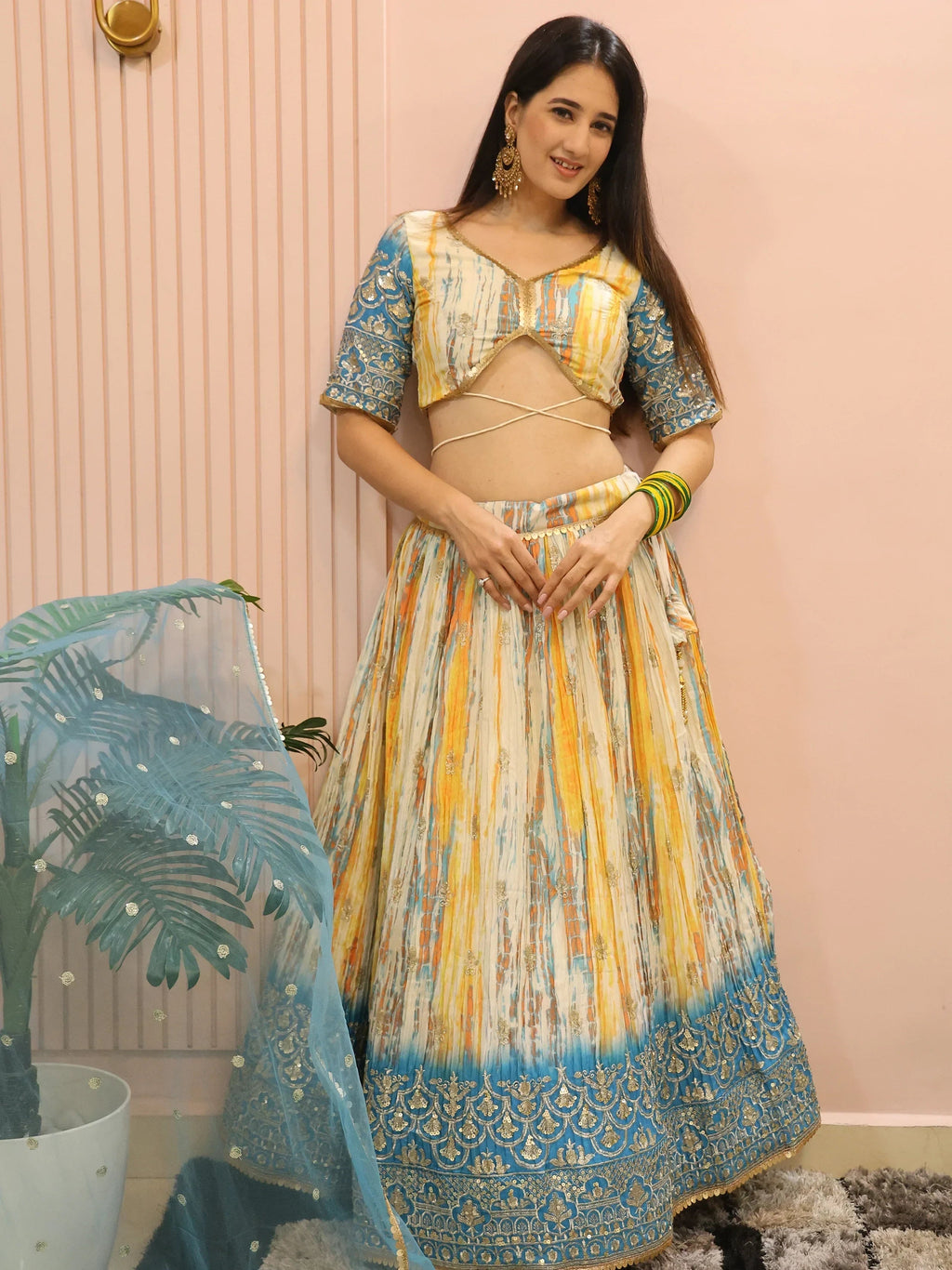Stunning Multi Color Chinon Thread Embroidered Lehenga Choli
