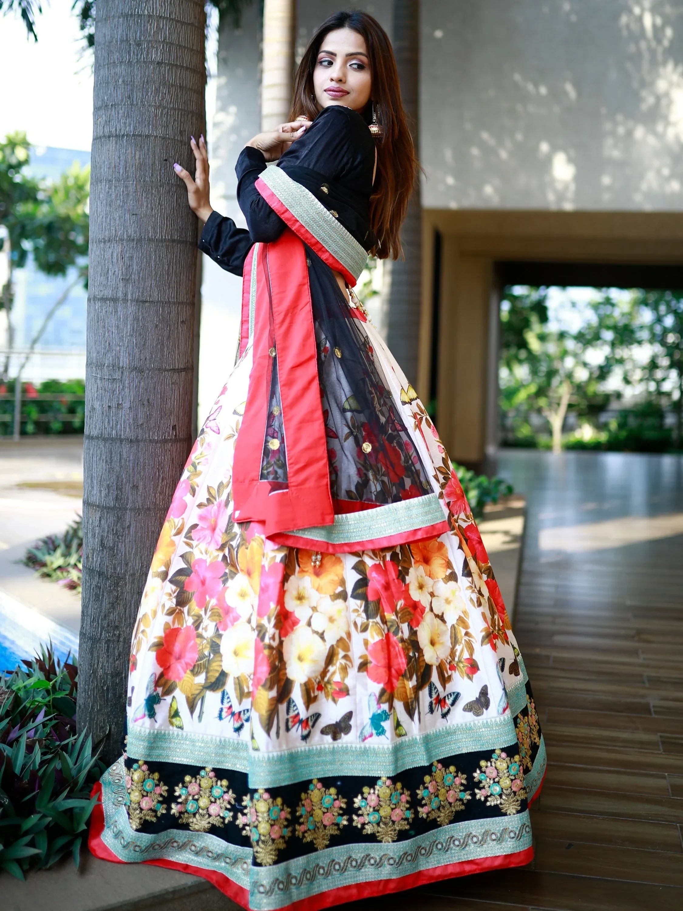 Stunning Multi Color Floral Printed Banglory Silk Bridal Lehenga Choli And Dupatta