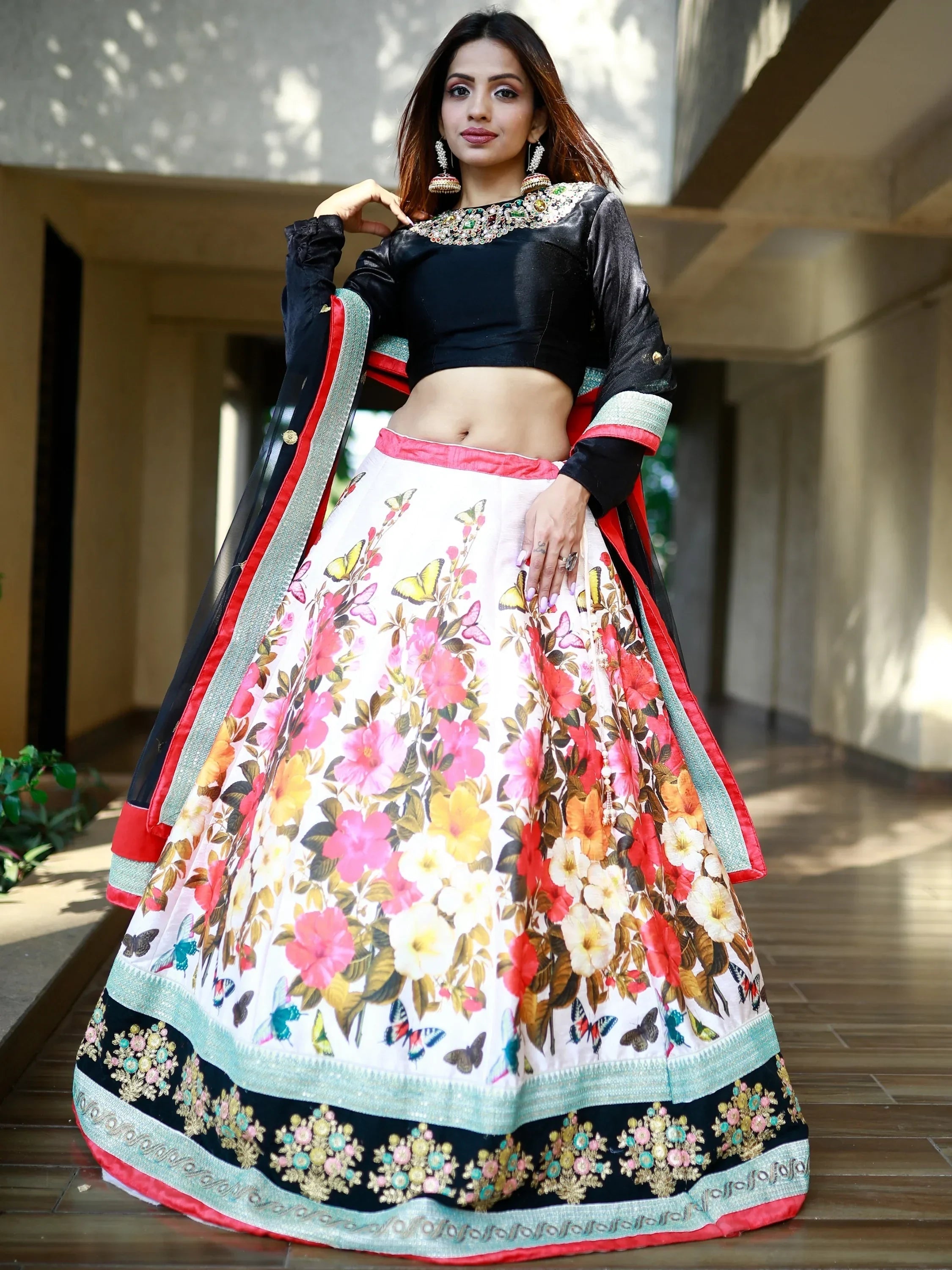 Stunning Multi Color Floral Printed Banglory Silk Bridal Lehenga Choli And Dupatta